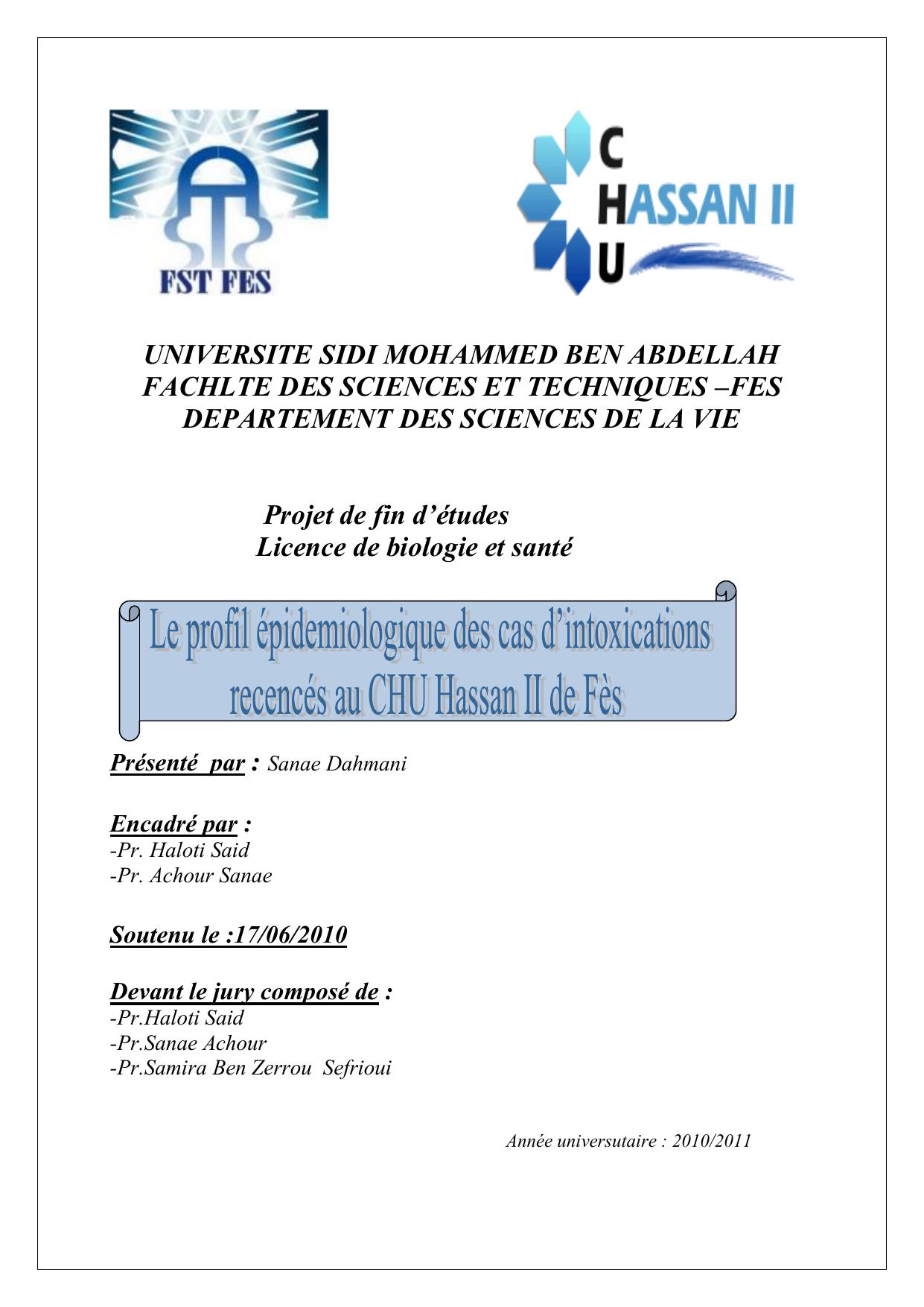 Le profil epidemologique des cas d'intoxications recencés au CHU Hassan II de Fès