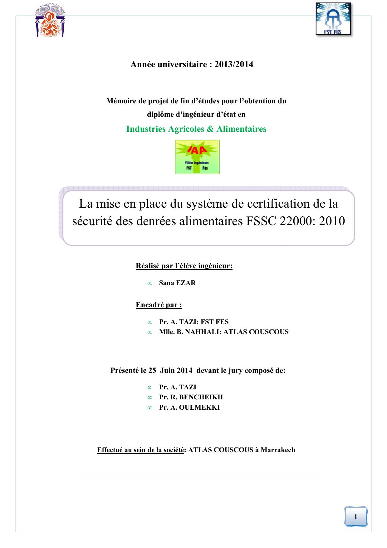 La mise en place du système de certification de la sécurité des denrées alimentaires FSSC 22000: 2010
