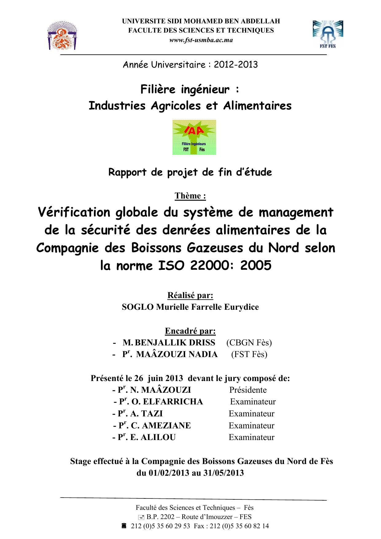 Vérification globale du système de management de la sécurité des denrées alimentaires de la Compagnie des Boissons Gazeuses du Nord selon la norme ISO 22000: 2005