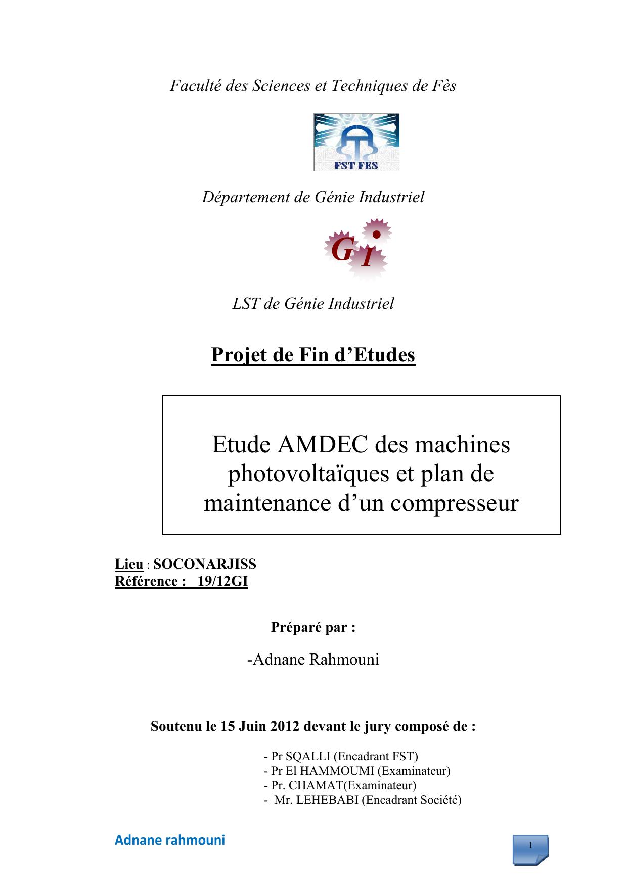 Etude AMDEC des machines photovoltaïques et plan de maintenance d’un compresseur