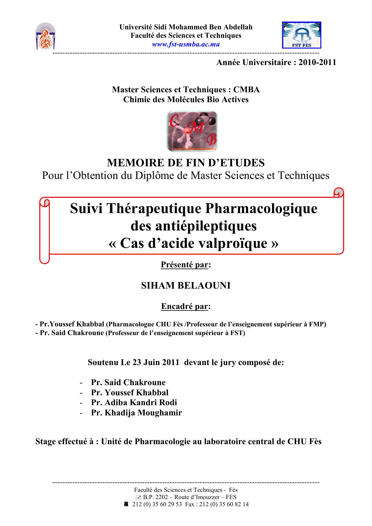 Suivi Thérapeutique Pharmacologique des antiépileptiques « Cas d’acide valproïque »