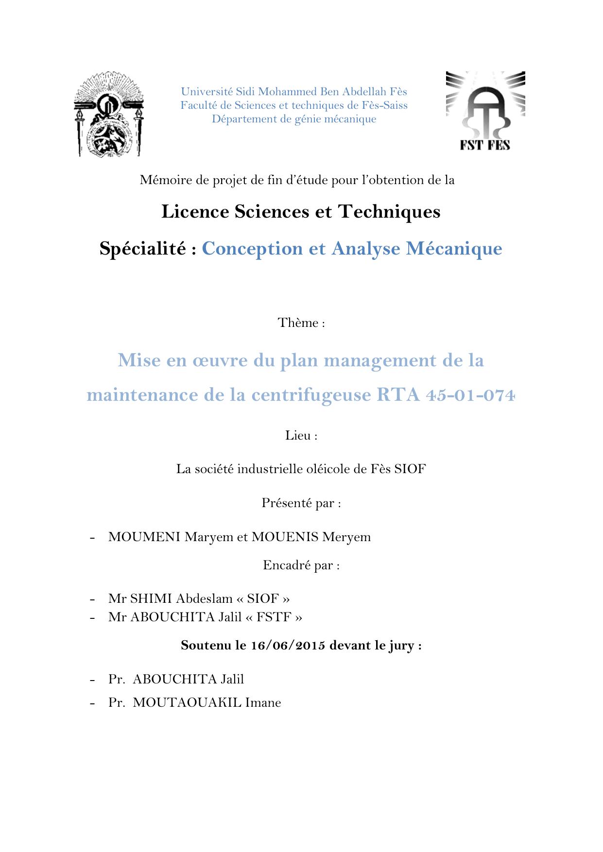 Mise en oeuvre du plan management de la maintenance de la centrifugeuse RTA 45-01-074