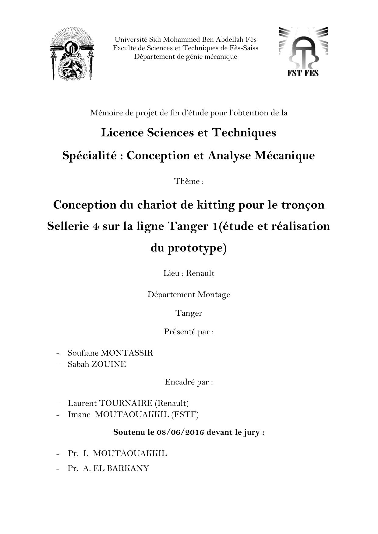 Conception du chariot de kitting pour le tronçon Sellerie 4 sur la ligne Tanger 1(étude et réalisation du prototype)
