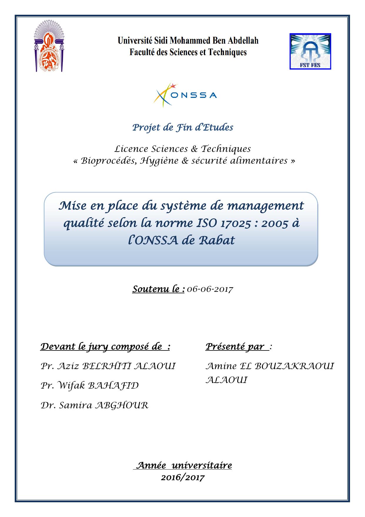 Mise en place du système de management qualité selon la norme ISO 17025 : 2005 à l’ONSSA de Rabat
