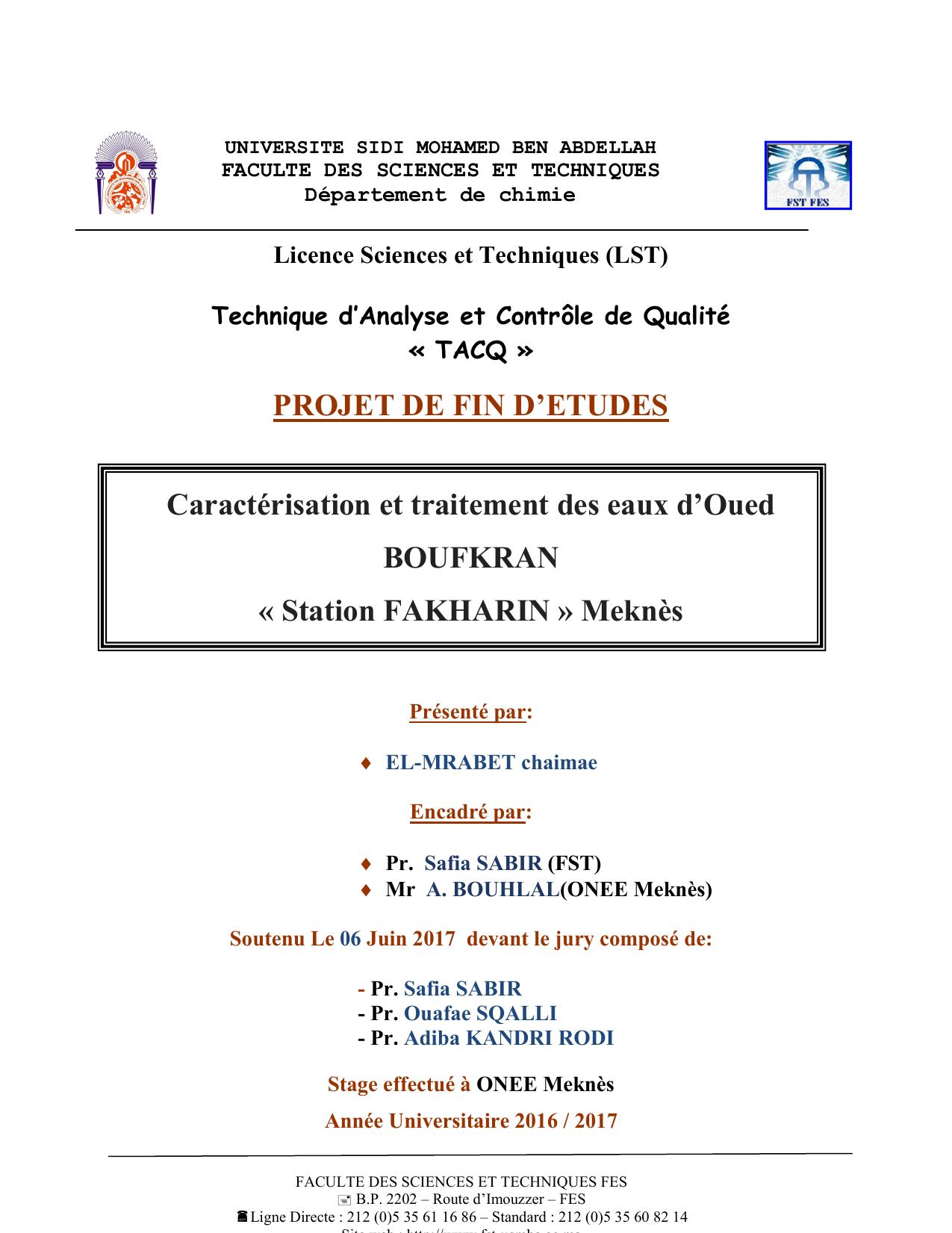 Caractérisation et traitement des eaux d’Oued BOUFKRAN « Station FAKHARIN » Meknès