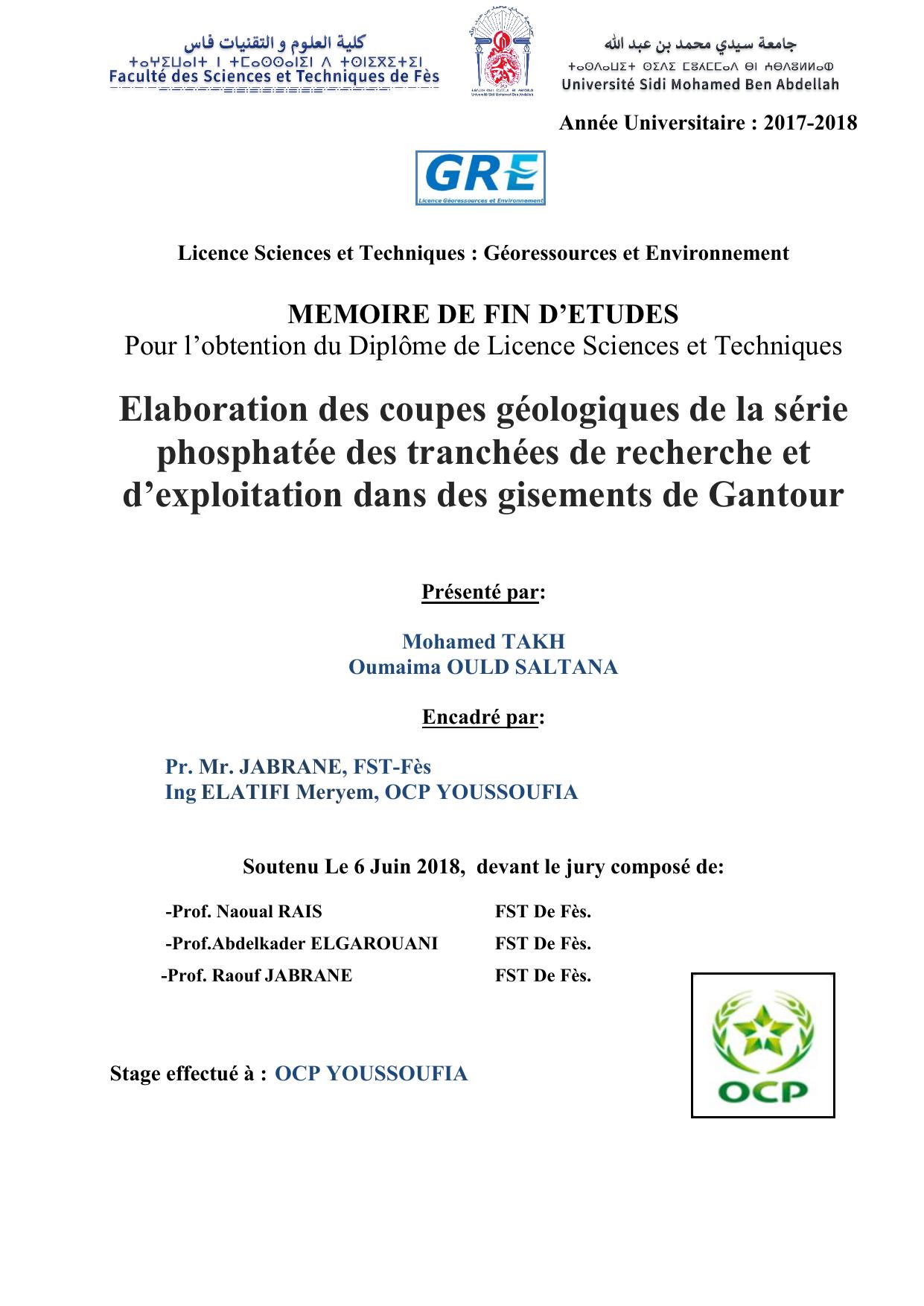 Elaboration des coupes géologiques de la série phosphatée des tranchées de recherche et d’exploitation dans des gisements de Gantour