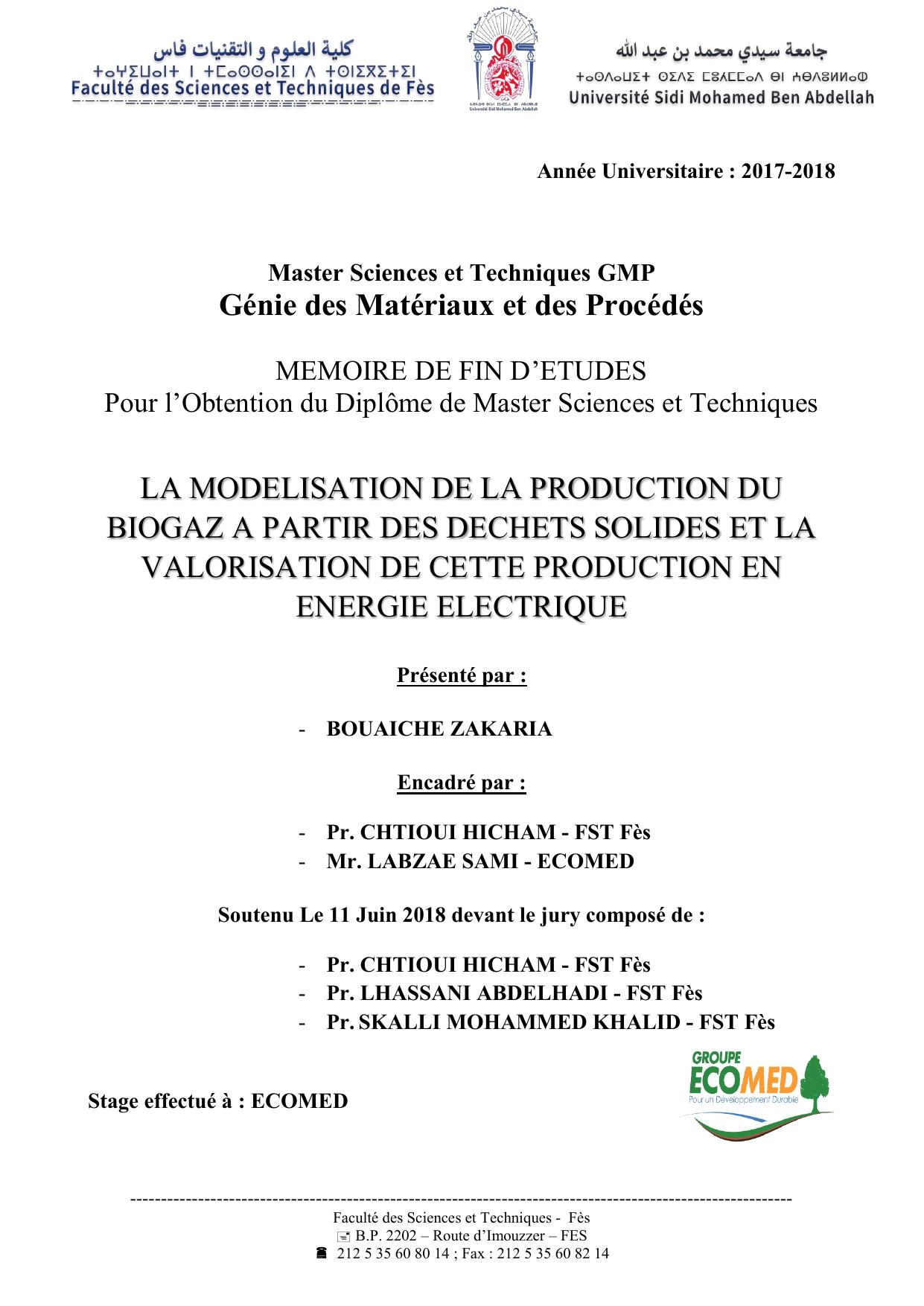 La modélisation de la production du biogaz à partir des déchets solides et la valorisation de cette production en énergie électrique