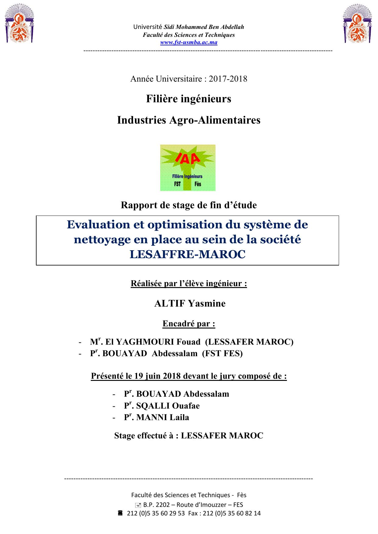 Evaluation et optimisation du système de nettoyage en place au sein de la société LESAFFRE-MAROC