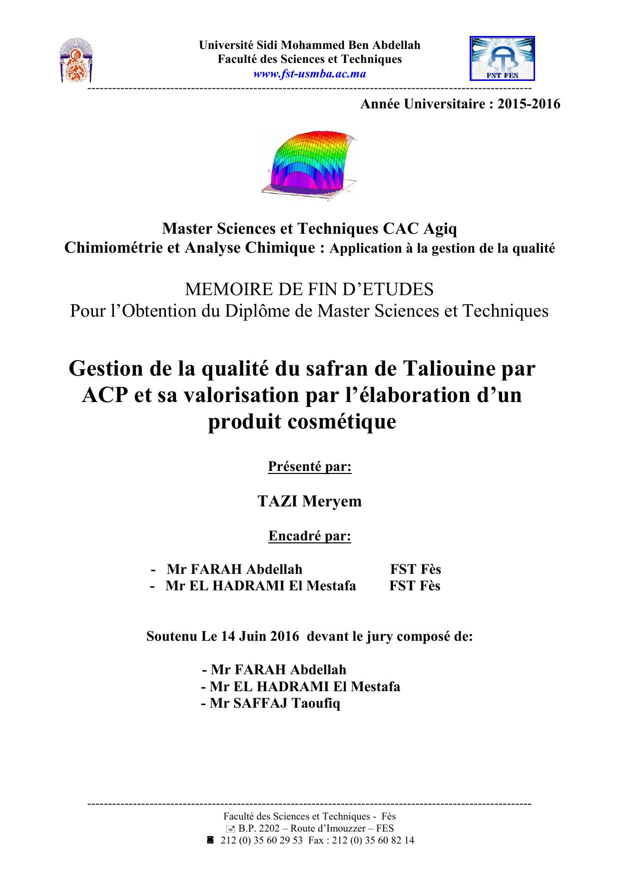 Gestion de la qualité du safran de Taliouine par ACP et sa valorisation par l’élaboration d’un produit cosmétique