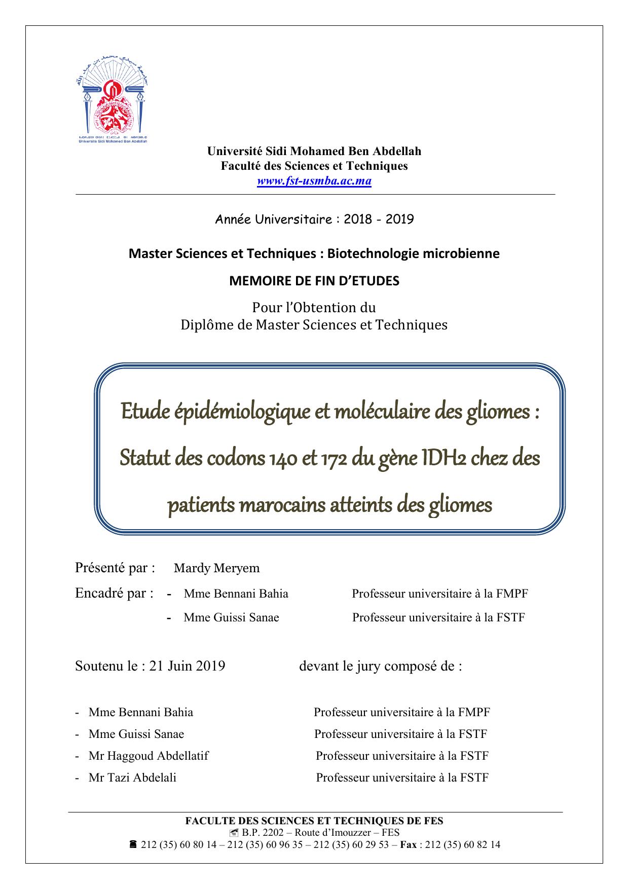 Etude épidémiologique et moléculaire des gliomes : Statut des codons 140 et 172 du gène IDH2 chez des patients marocains atteints des gliomes