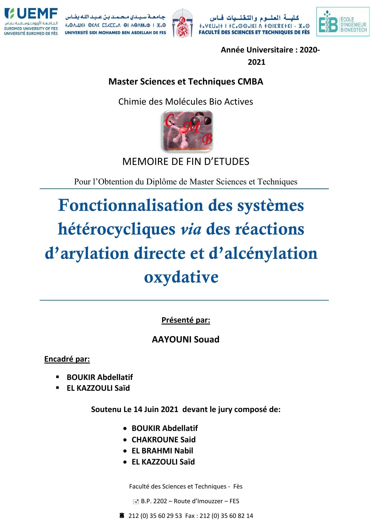 Fonctionnalisation des systèmes hétérocycliques via des réactions d’arylation directe et d’alcénylation oxydative