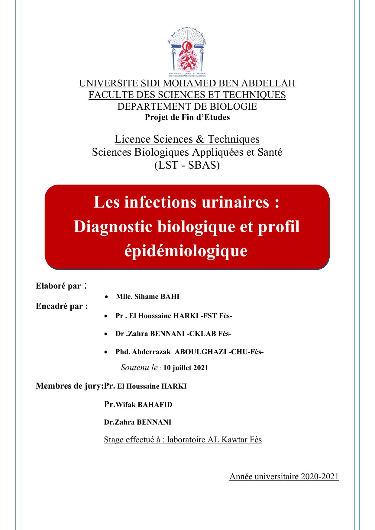 PFE -LST-SBAS : S .BAHI:Les infections urinaires : Diagnostic biologique et profil épidémiologque
