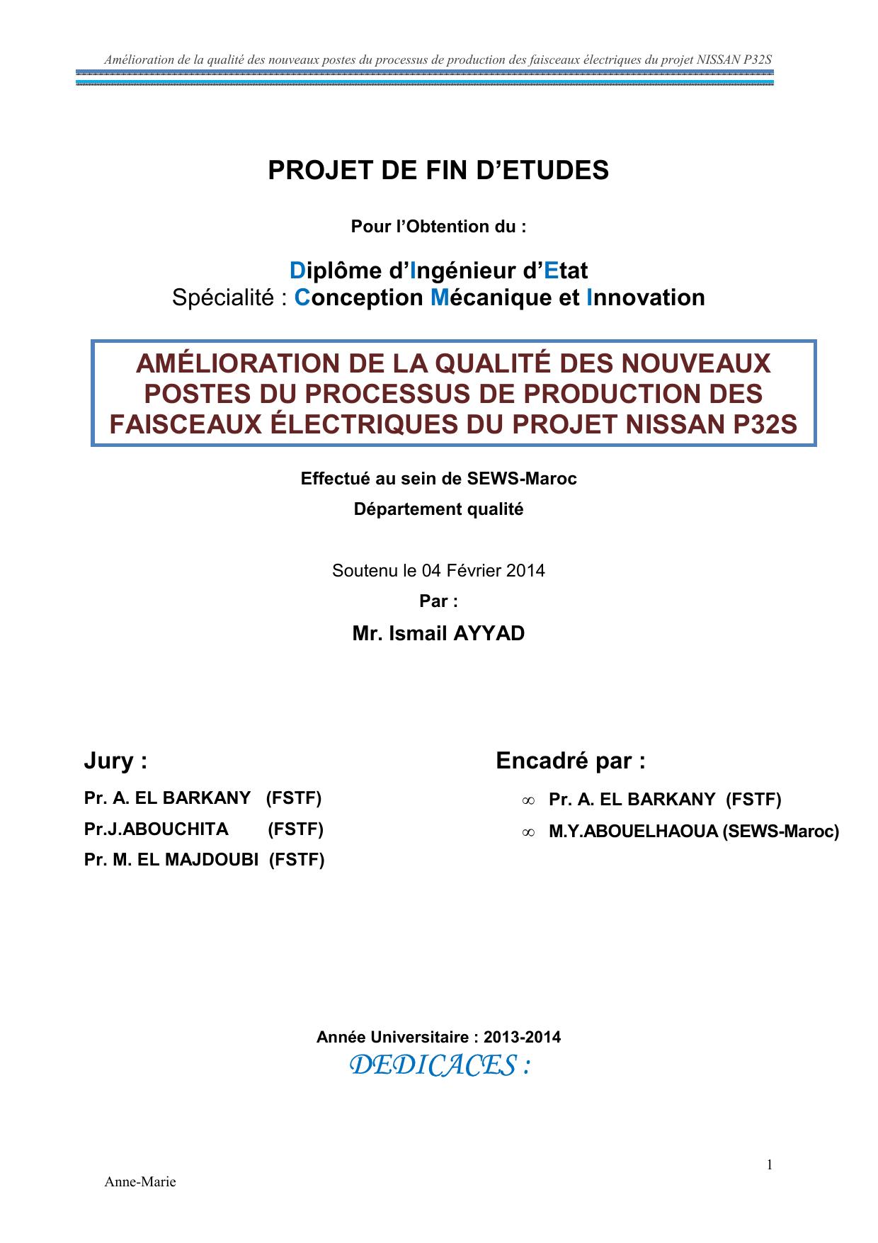 AMÉLIORATION DE LA QUALITÉ DES NOUVEAUX POSTES DU PROCESSUS DE PRODUCTION DES FAISCEAUX ÉLECTRIQUES DU PROJET NISSAN P32S