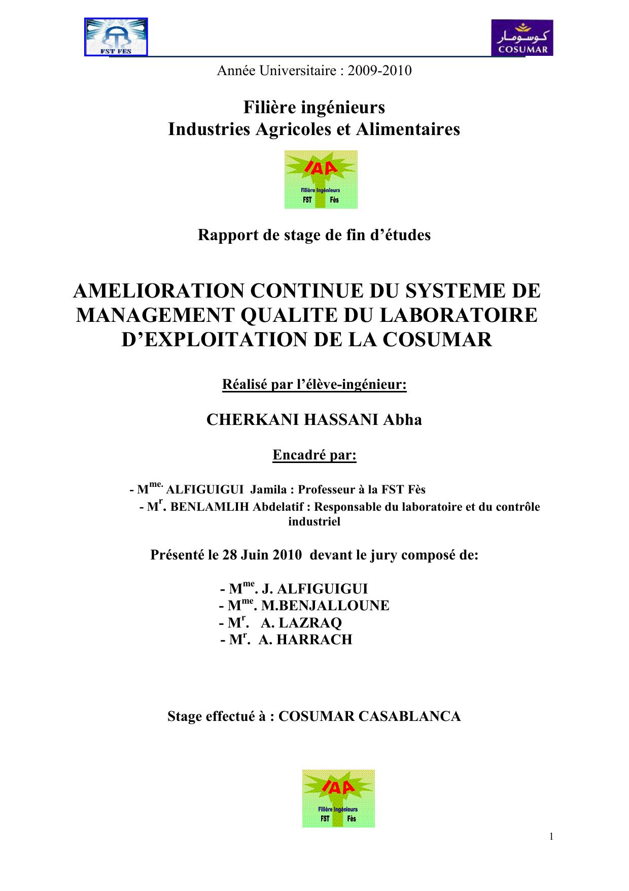 AMELIORATION CONTINUE DU SYSTEME DE MANAGEMENT QUALITE DU LABORATOIRE D’EXPLOITATION DE LA COSUMAR