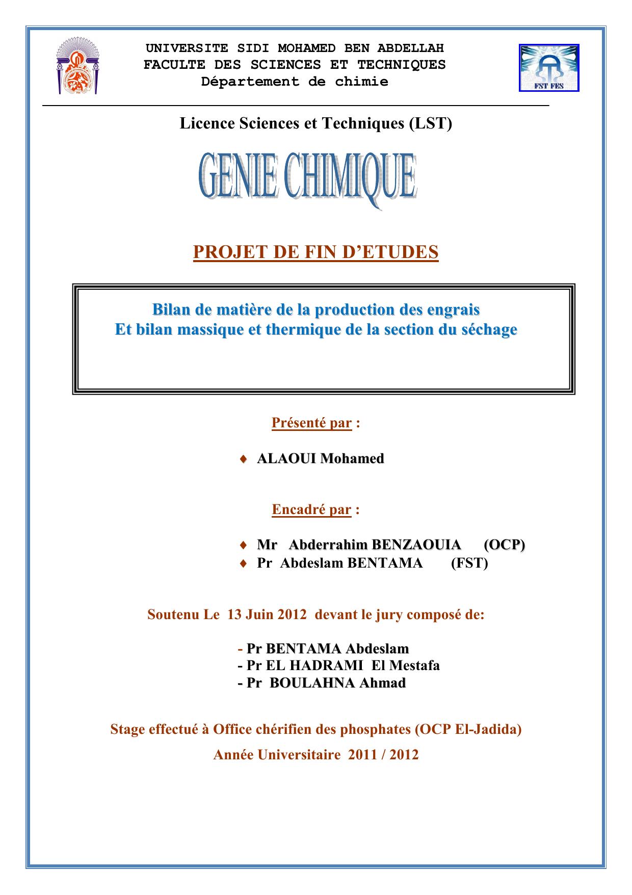 Bilan de matière de la production des engrais Et bilan massique et thermique de la section du séchage