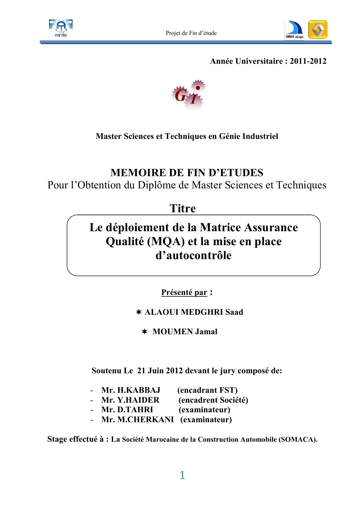 Le déploiement de la Matrice Assurance Qualité (MQA) et la mise en place d’autocontrôle