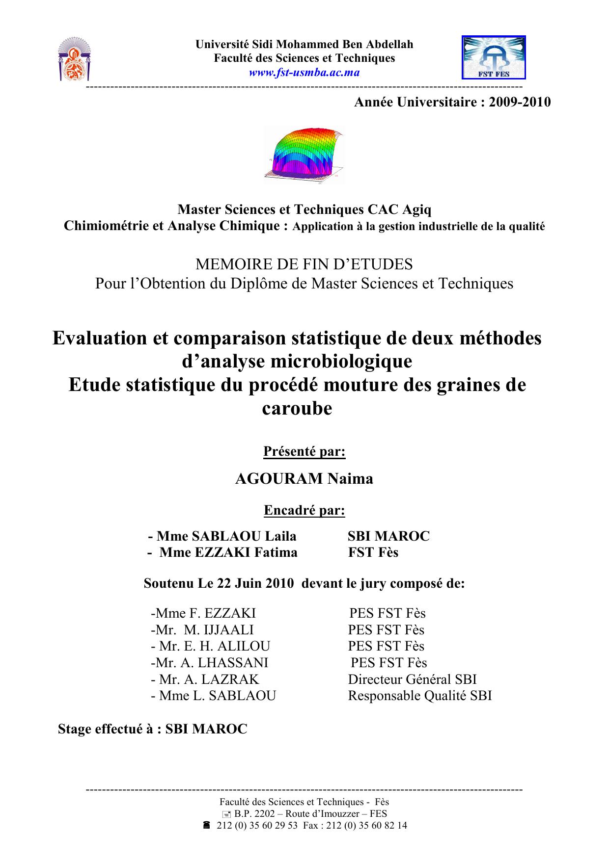 Evaluation et comparaison statistique de deux méthodes d’analyse microbiologique Etude statistique du procédé mouture des graines de caroube