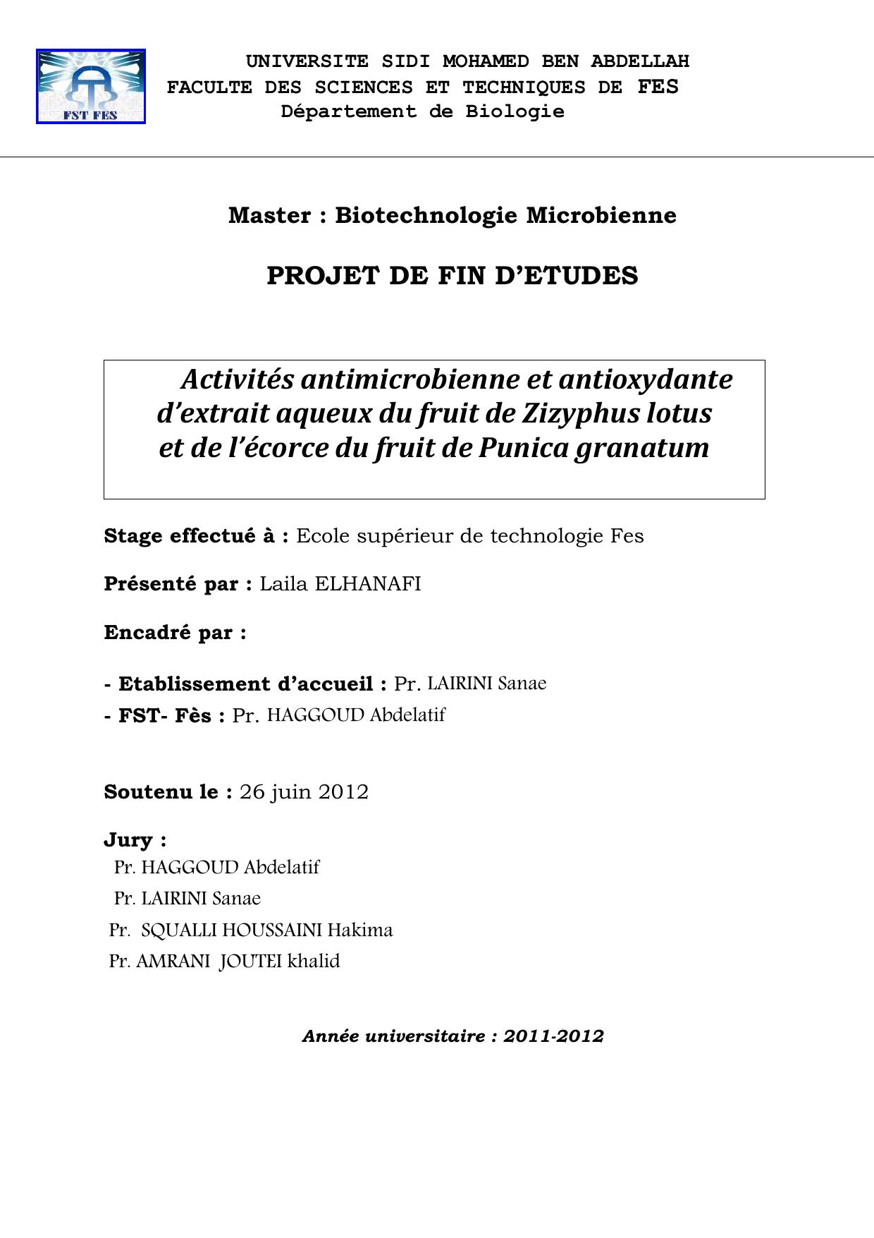 Activités antimicrobienne et antioxydante d’extrait aqueux du fruit de Zizyphus lotus et de l’écorce du fruit de Punica granatum