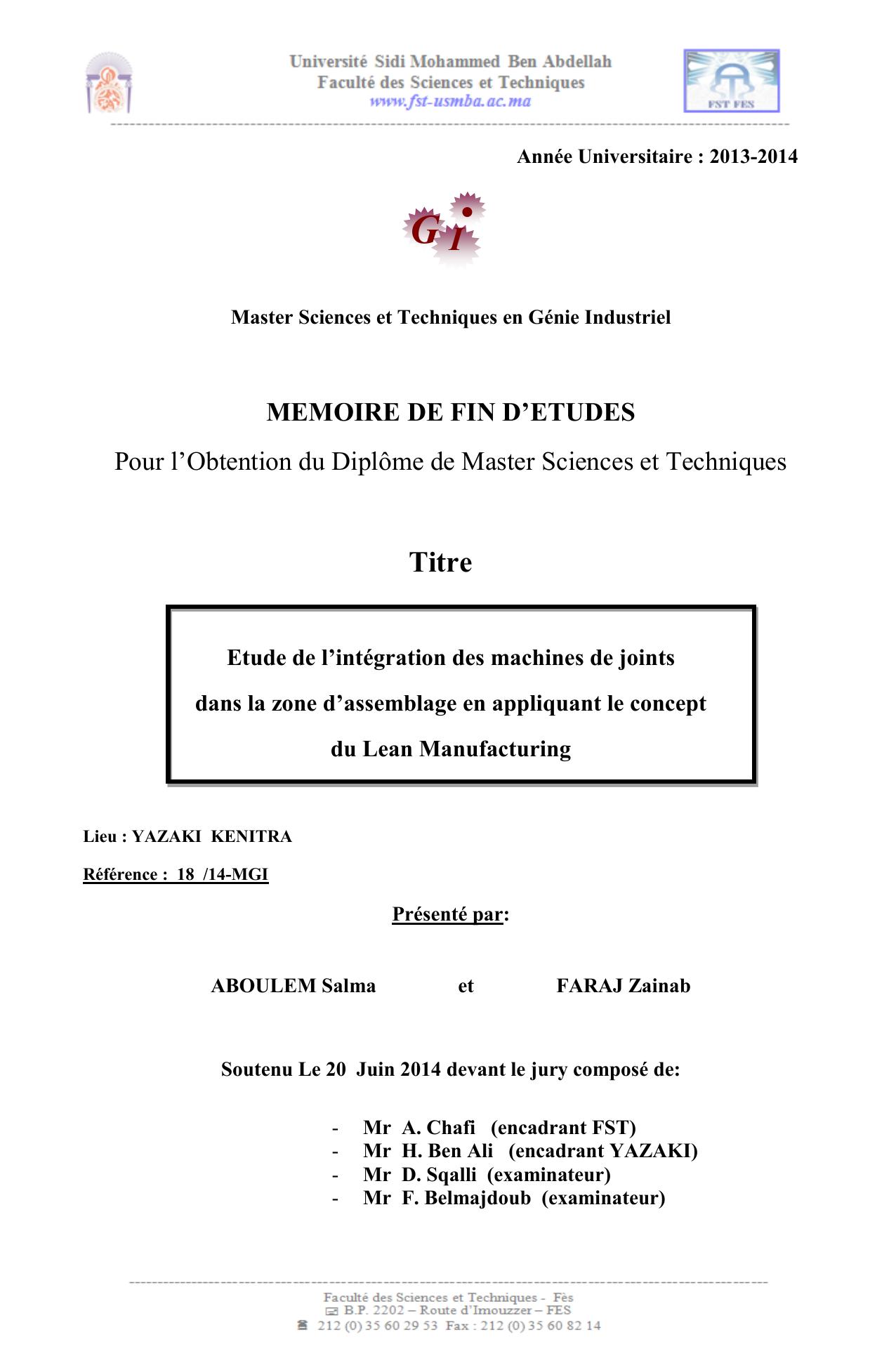 Etude de l’intégration des machines de joints dans la zone d’assemblage en appliquant le concept du Lean Manufacturing