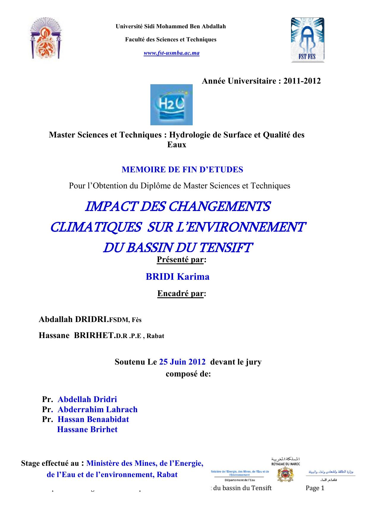 IMPACT DES CHANGEMENTS CLIMATIQUES SUR L’ENVIRONNEMENT DU BASSIN DU TENSIFT