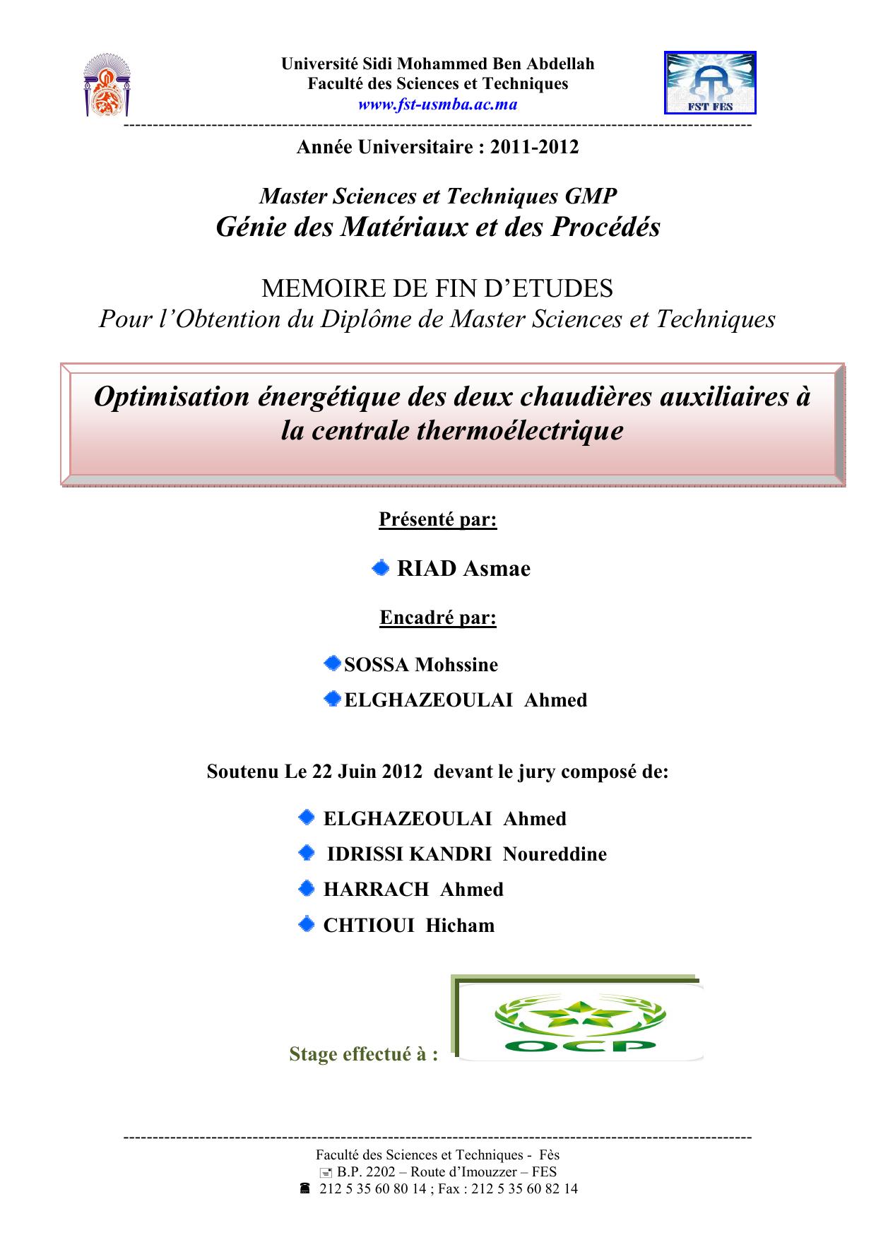 Optimisation énergétique des deux chaudières auxiliaires à la centrale thermoélectrique