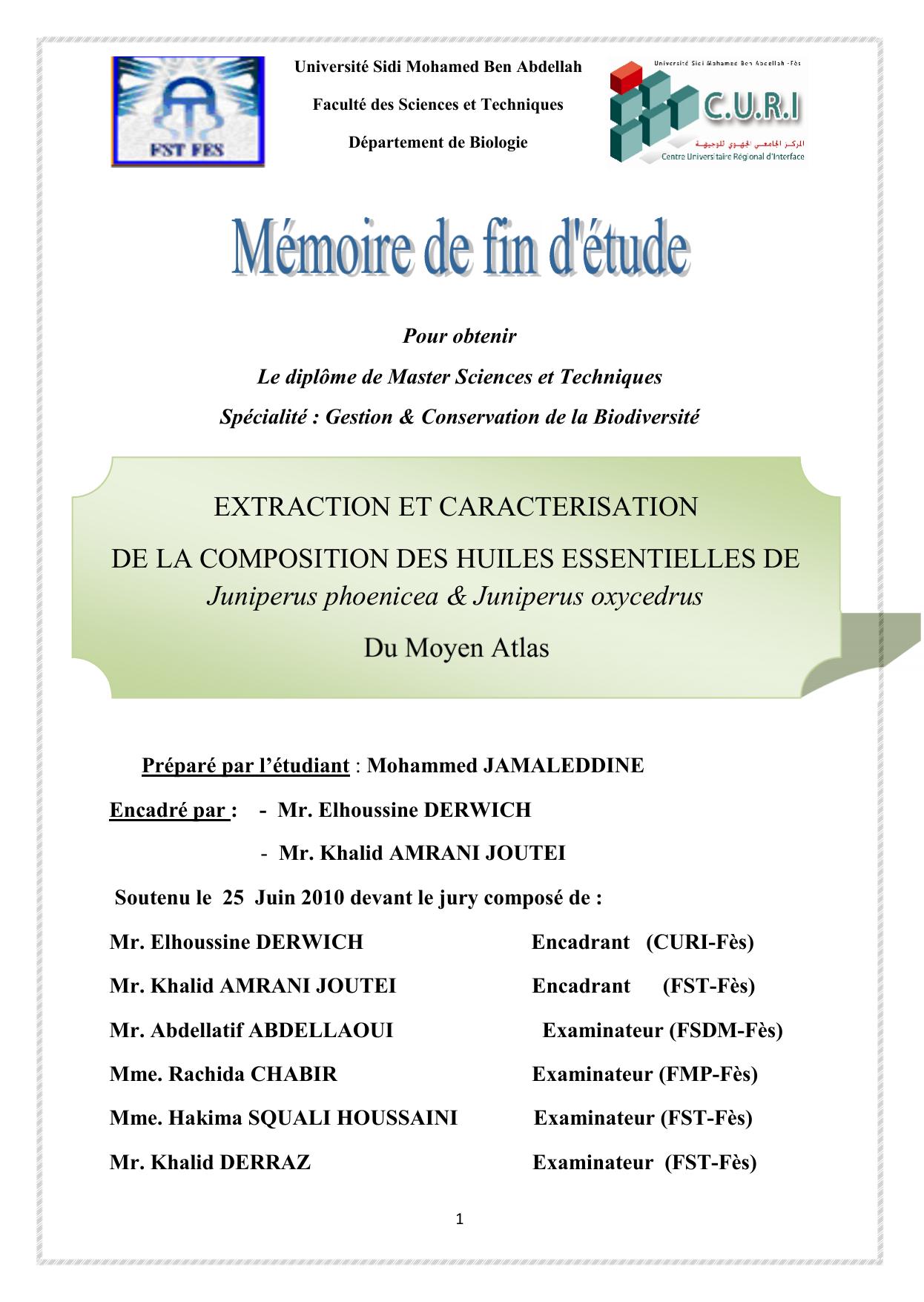 EXTRACTION ET CARACTERISATION DE LA COMPOSITION DES HUILES ESSENTIELLES DE Juniperus phoenicea & Juniperus oxycedrus Du Moyen Atlas