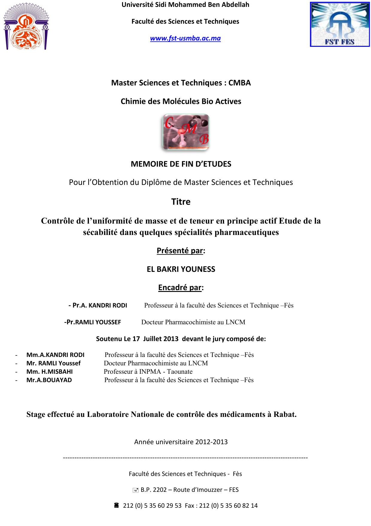 Contrôle de l’uniformité de masse et de teneur en principe actif Etude de la sécabilité dans quelques spécialités pharmaceutiques