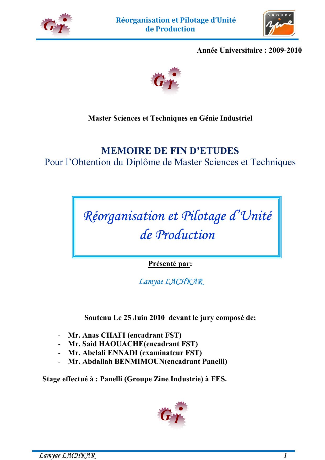 Réorganisation et Pilotage d’Unité de Production