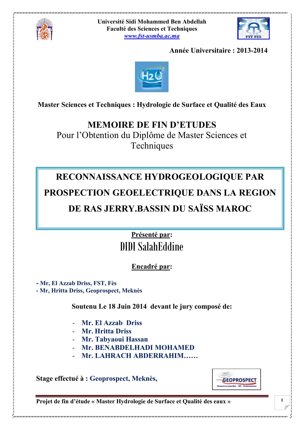 RECONNAISSANCE HYDROGEOLOGIQUE PAR PROSPECTION GEOELECTRIQUE DANS LA REGION DE RAS JERRY.BASSIN DU SAÏSS MAROC