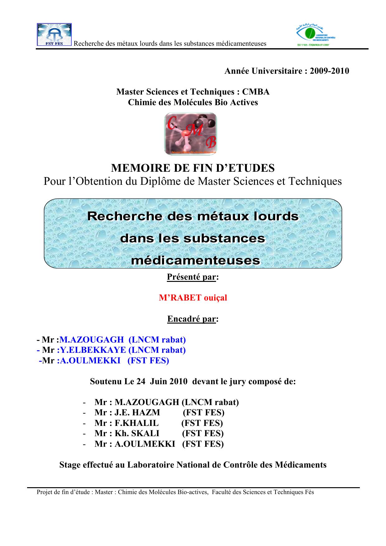 Recherche des métaux lourds dans les substances médicamenteuses