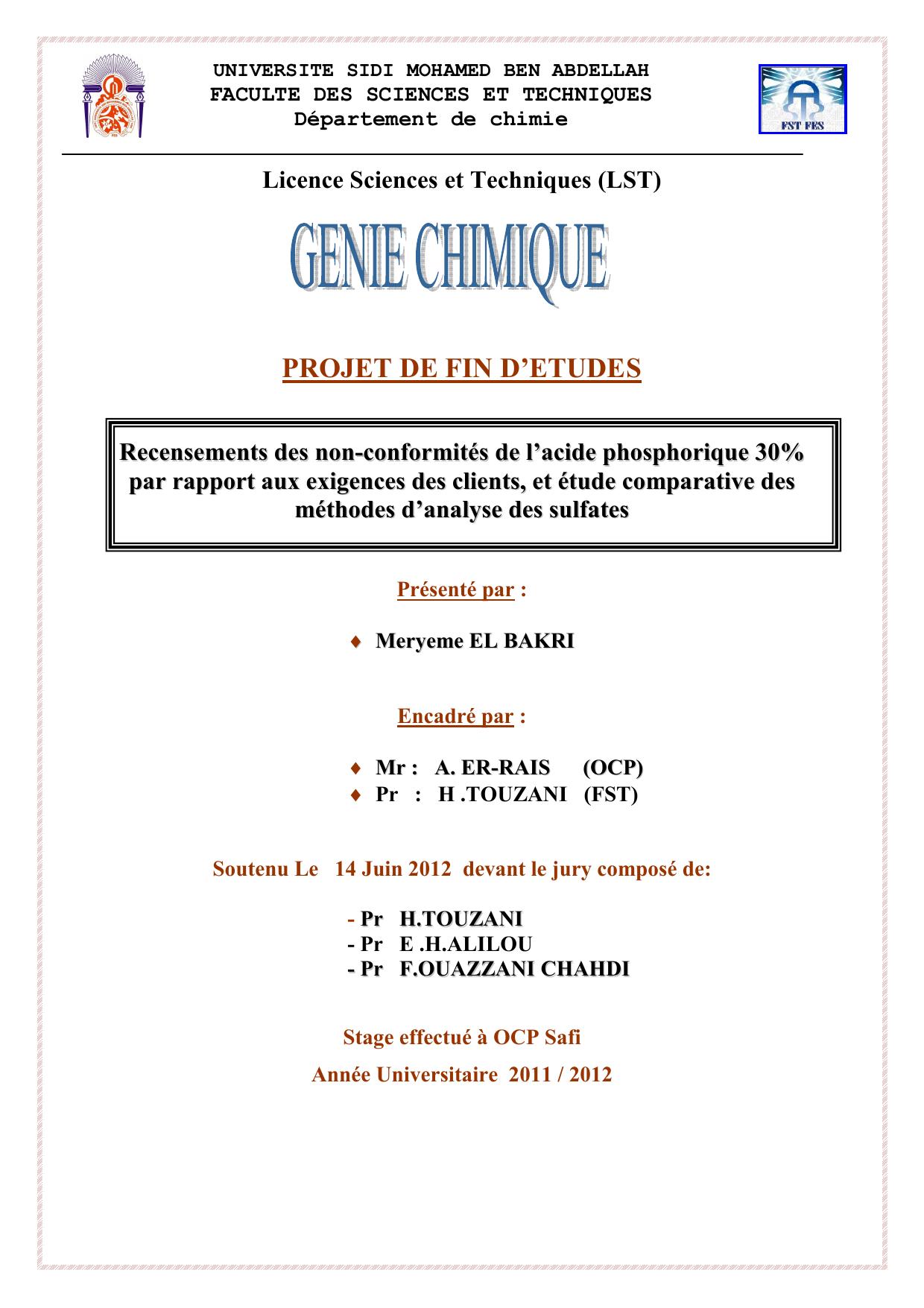 Recensements des non-conformités de l’acide phosphorique 30% par rapport aux exigences des clients, et étude comparative des méthodes d’analyse des sulfates