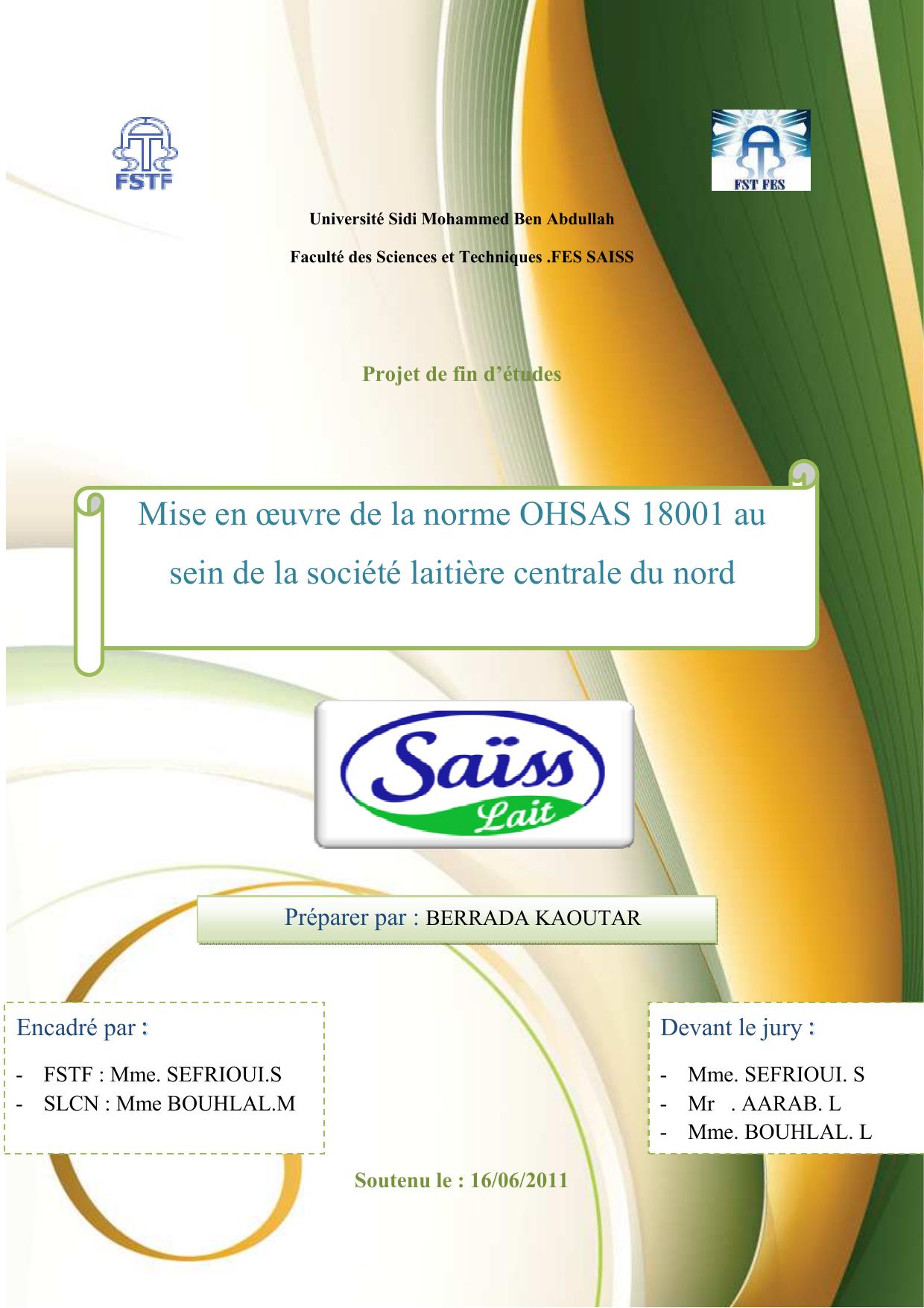 Mise en oeuvre de la norme OHSAS 18001 au sein de la société laitière centrale du nord