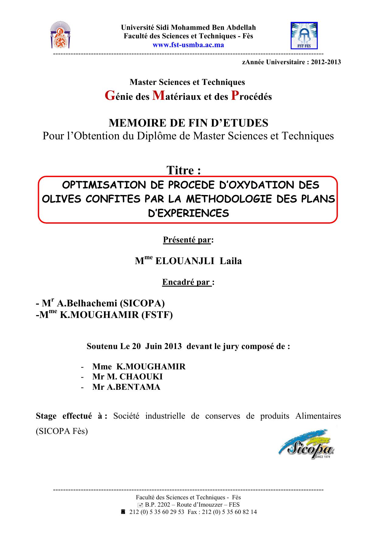 Optimisation de procédé d’oxydation des olives confites par la méthodologie des plans d’expériences