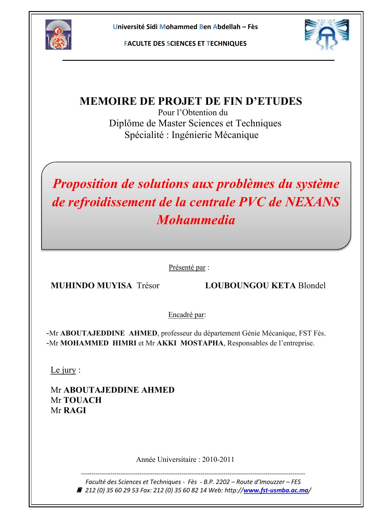 Proposition de solutions aux problèmes du système de refroidissement de la centrale PVC de NEXANS Mohammedia