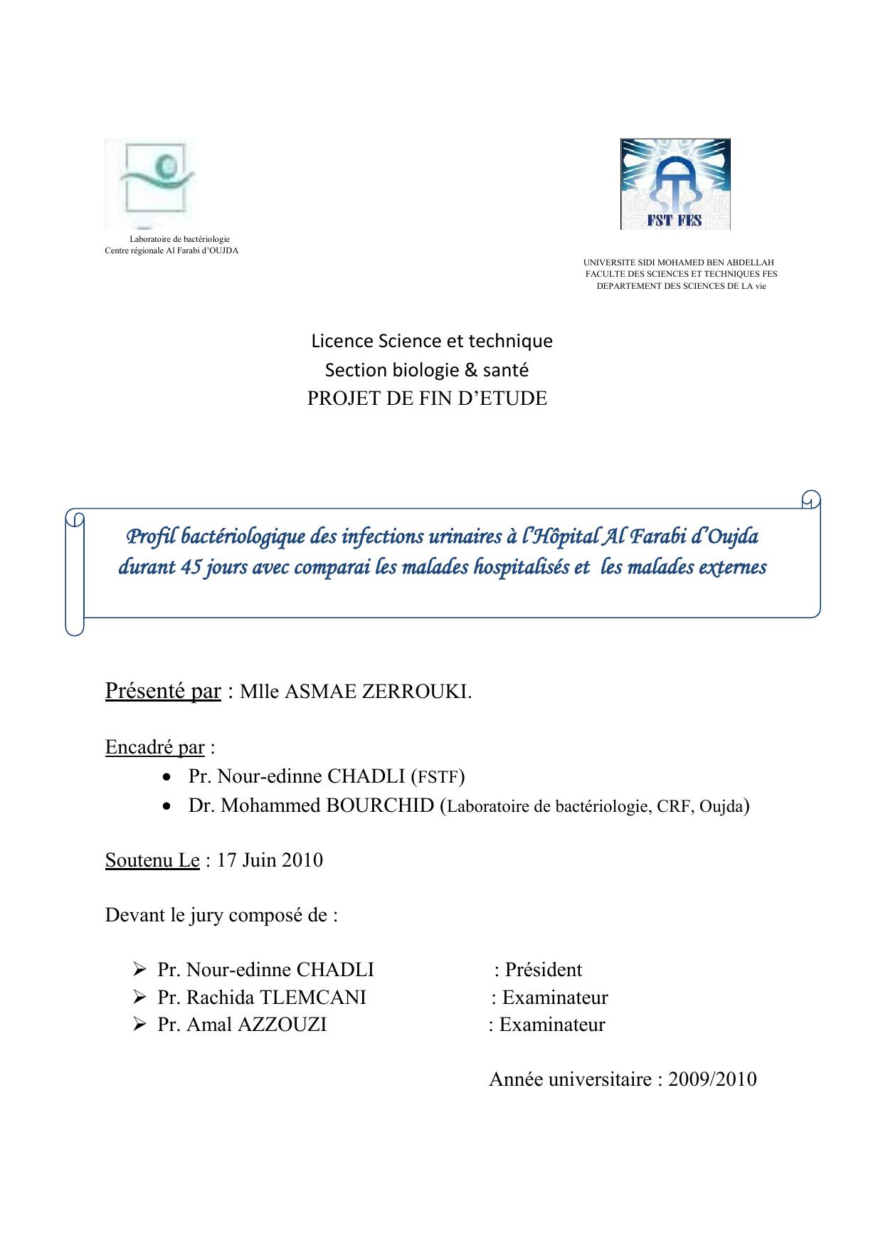 Profil bactériologique des infections urinaires à l’Hôpital Al Farabi d’Oujda durant 45 jours avec comparai les malades hospitalisés et les malades externes