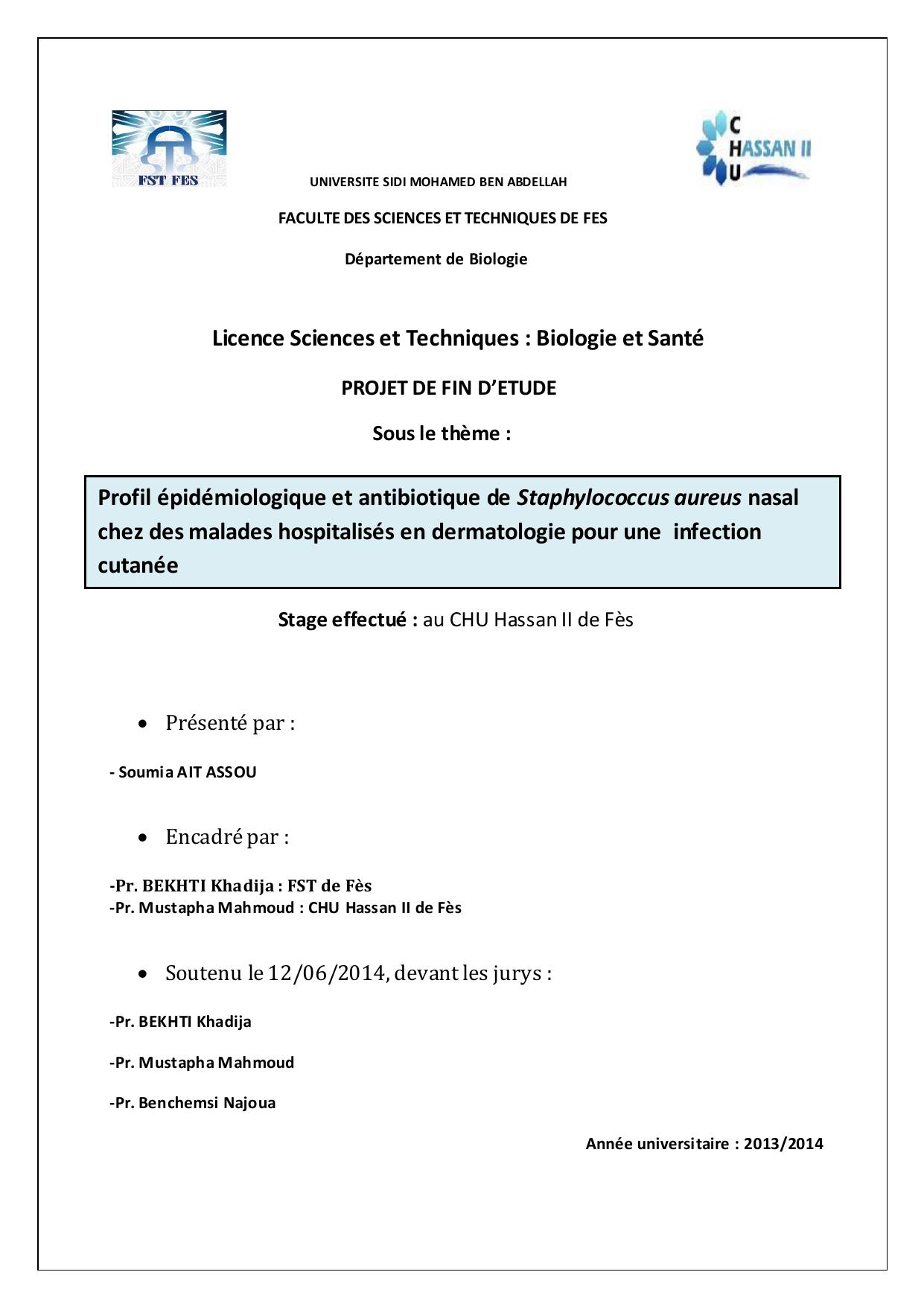 Profil épidémiologique et antibiotique de Staphylococcus aureus nasal chez des malades hospitalisés en dermatologie pour une infection cutanée