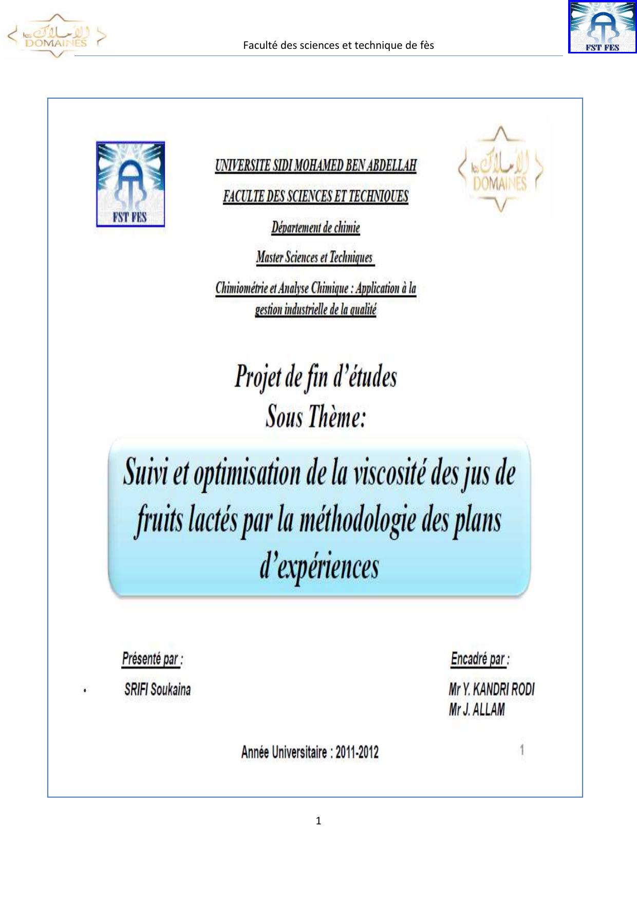 Suivi et optimisation de la viscosité des jus de fruits lactés par la méthodologie des plans d'expériences