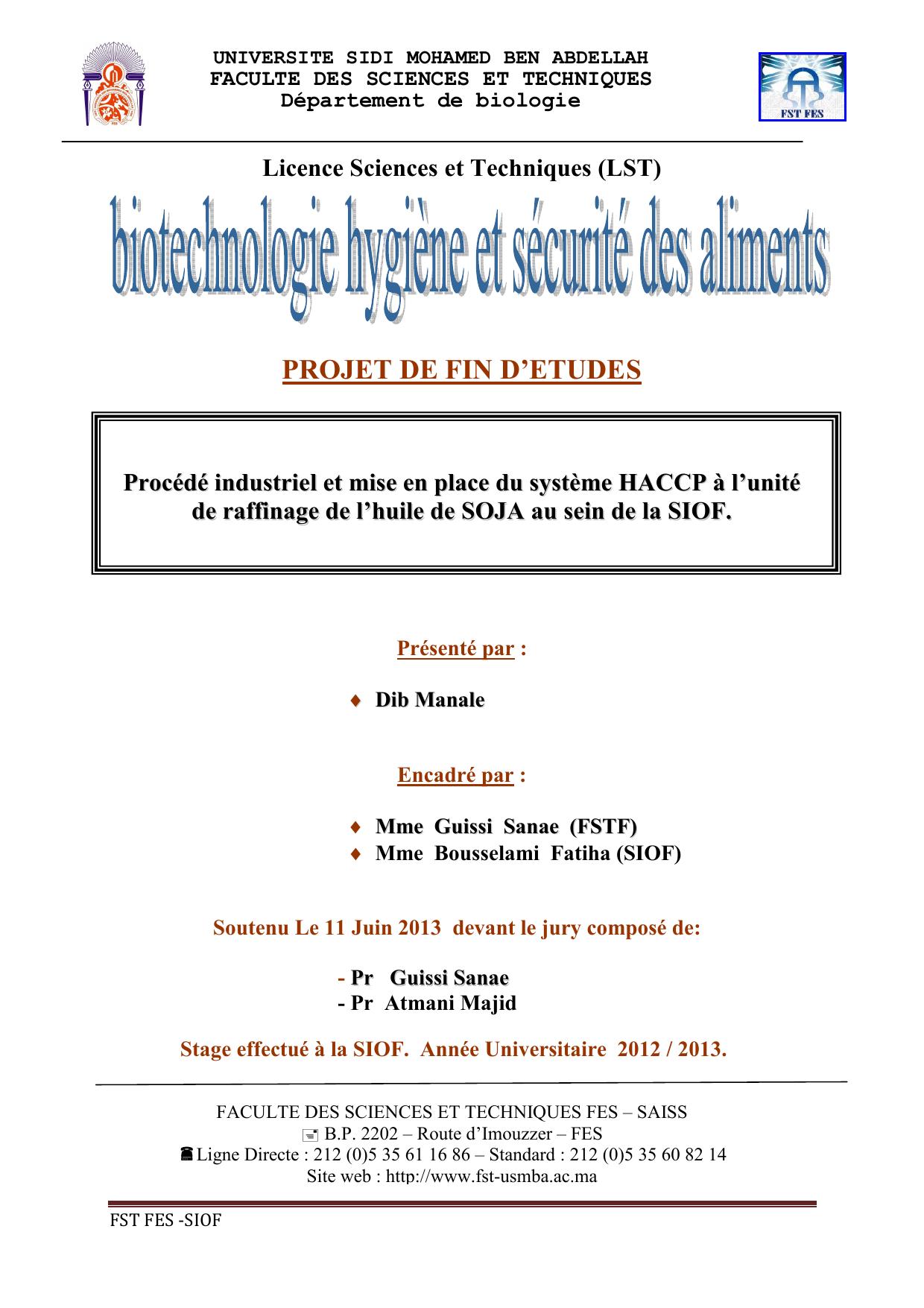 Procédé industriel et mise en place du système HACCP à l’unité de raffinage de l’huile de SOJA au sein de la SIOF