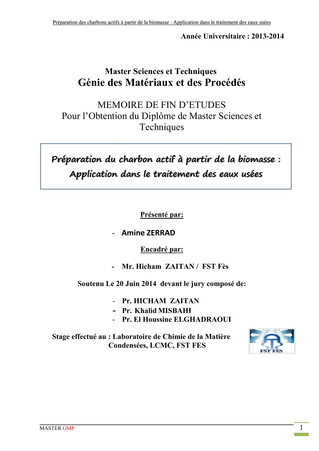 Préparation des charbons actifs à partir de la biomasse : Application dans le traitement des eaux usées