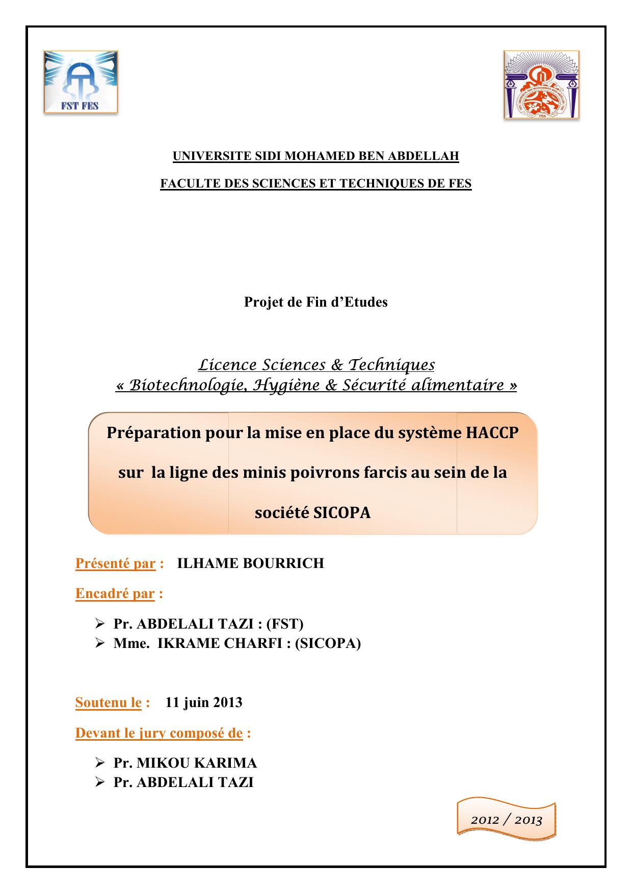 Préparation pour la en place du système HACCP sur la ligne des minis poivrons farcis au sein de la société SICOPA