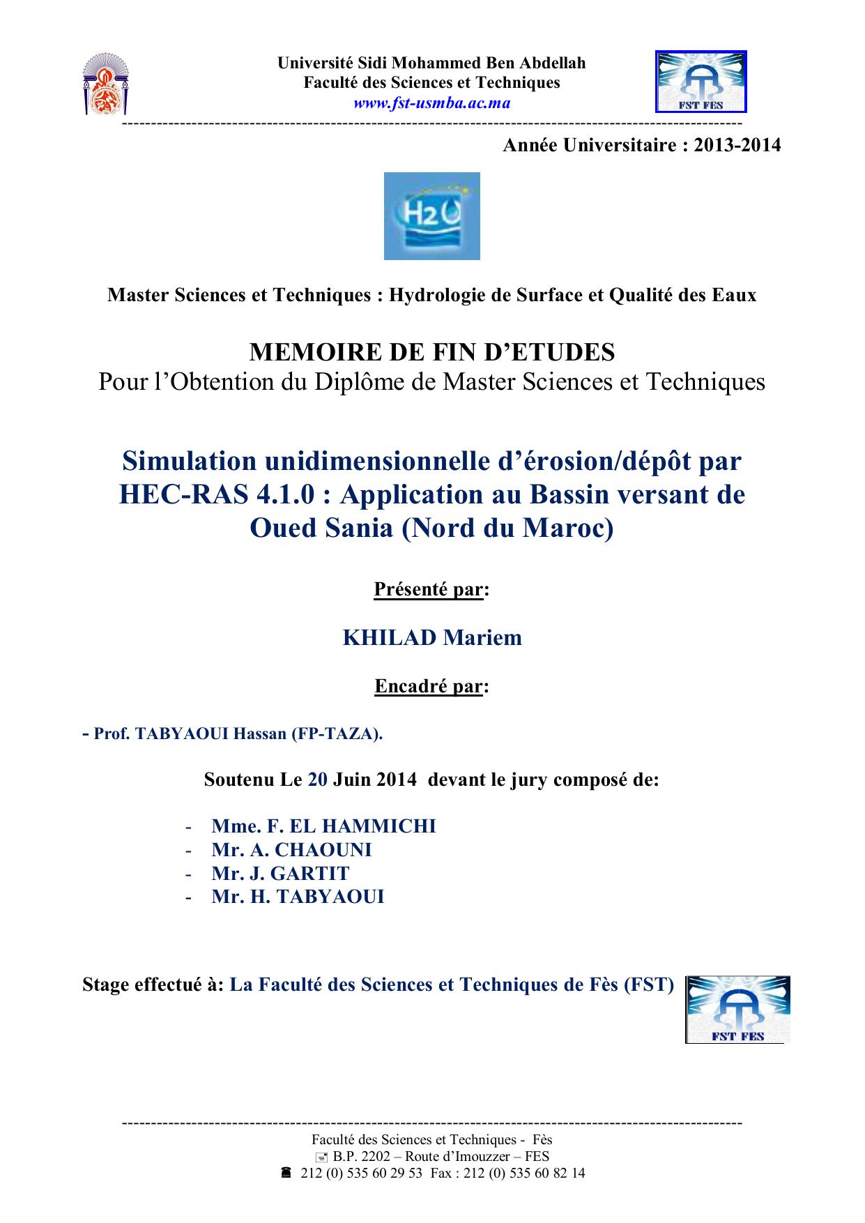 Simulation unidimensionnelle d’érosion/dépôt par HEC-RAS 4.1.0 : Application au Bassin versant de Oued Sania (Nord du Maroc)