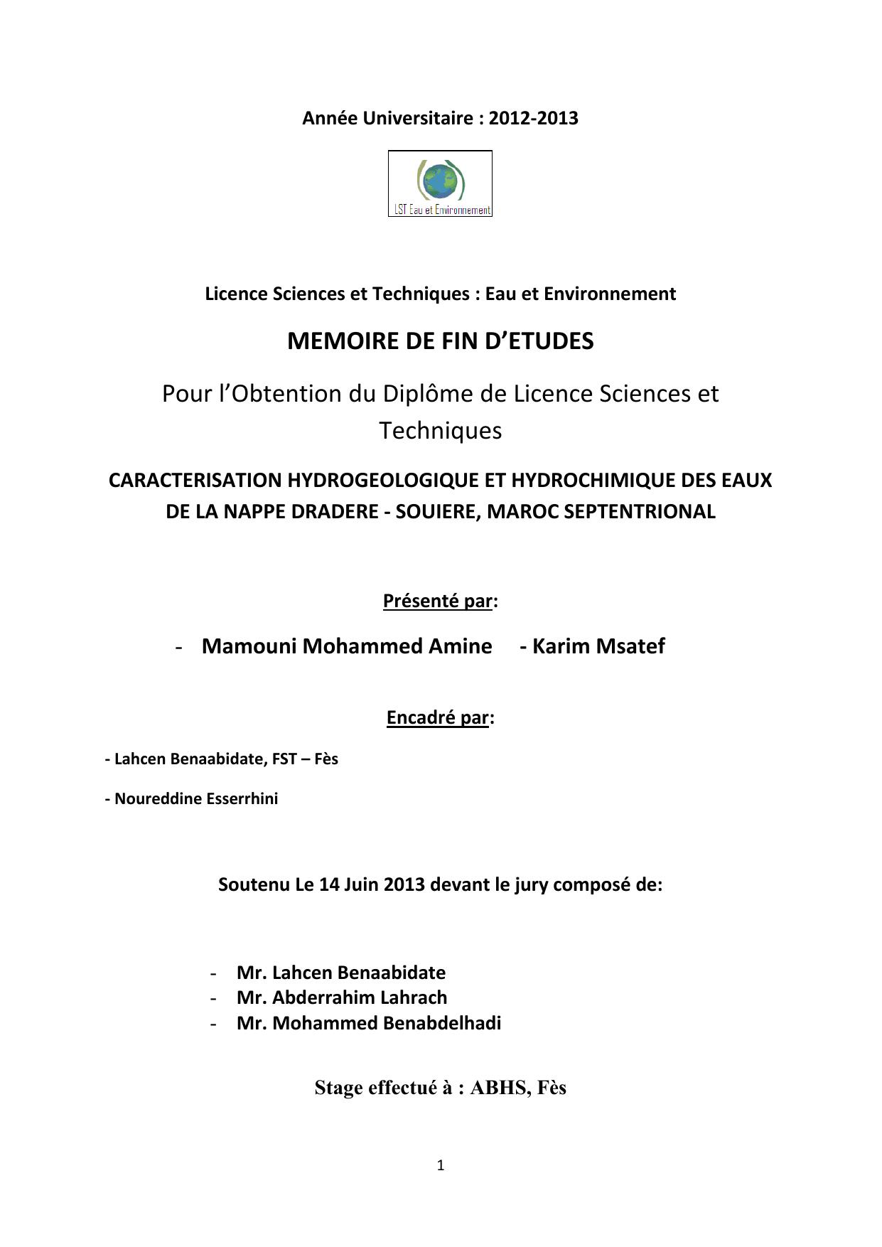 CARACTERISATION HYDROGEOLOGIQUE ET HYDROCHIMIQUE DES EAUX DE LA NAPPE DRADERE - SOUIERE, MAROC SEPTENTRIONAL