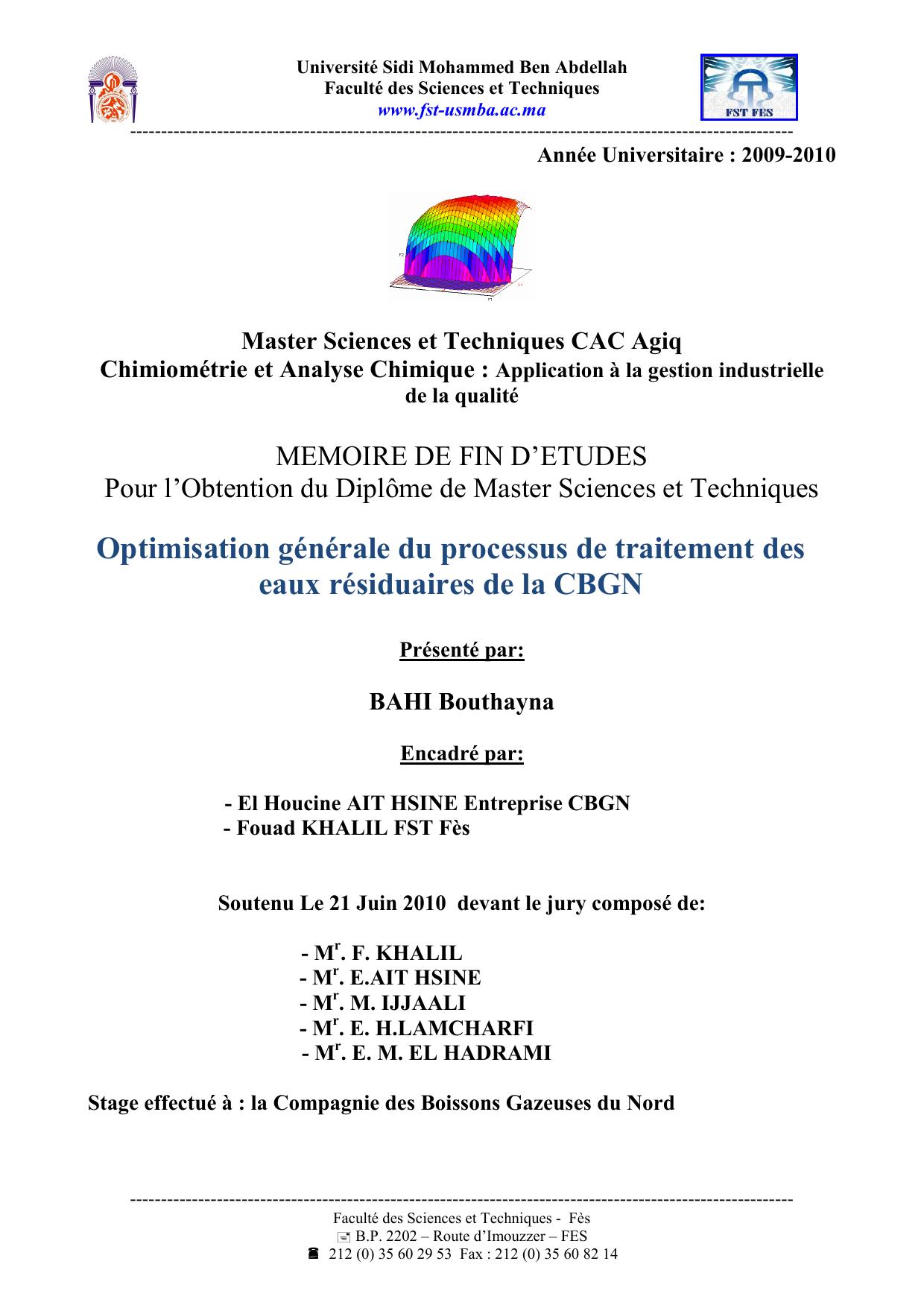 Optimisation générale du processus de traitement des eaux résiduaires de la CBGN