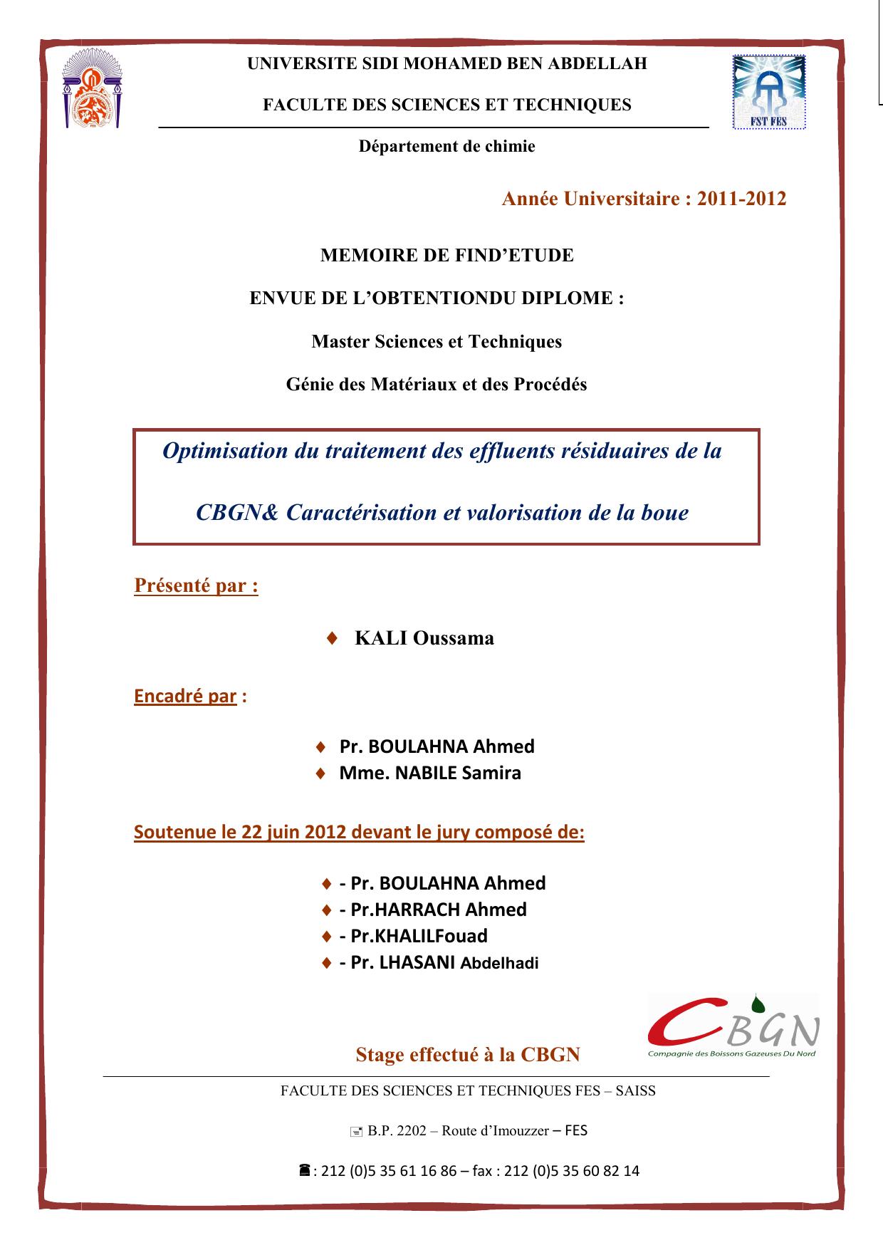 Optimisation du traitement des effluents résiduaires de la CBGN& Caractérisation et valorisation de la boue