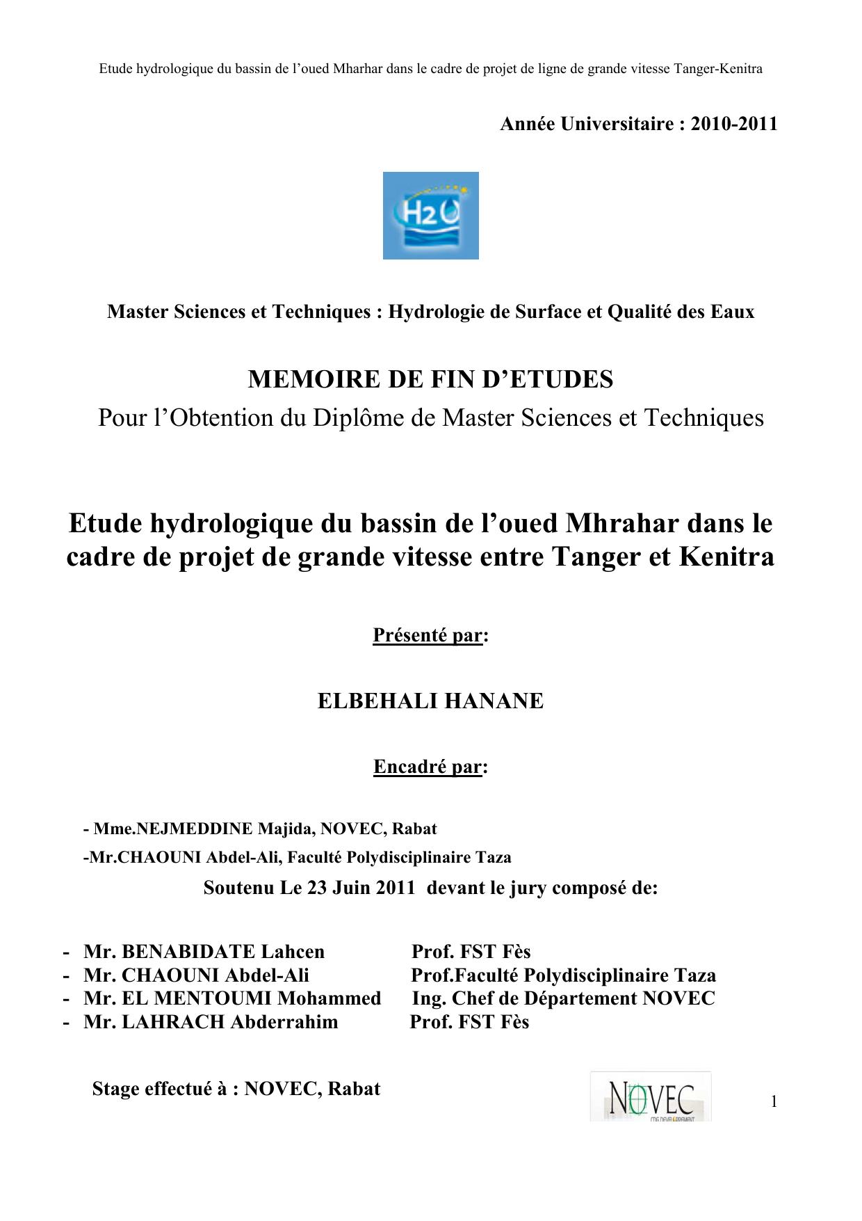 Etude hydrologique du bassin de l’oued Mhrahar dans le cadre de projet de grande vitesse entre Tanger et Kenitra