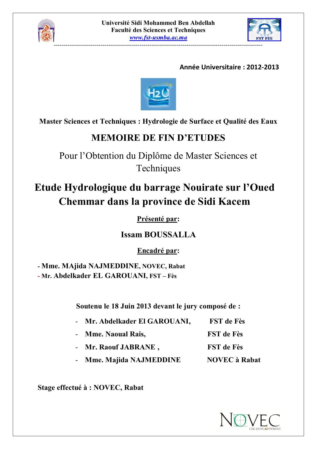 Etude Hydrologique du barrage Nouirate sur l’Oued Chemmar dans la province de Sidi Kacem