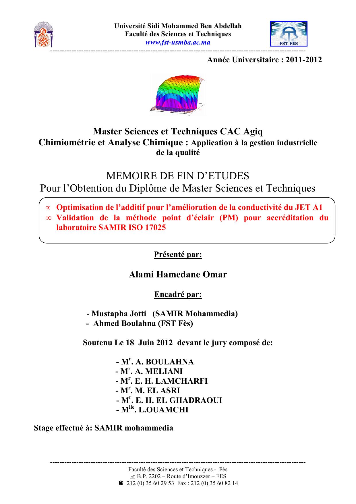 Optimisation de l'additif pour amélioration de la conductivité du JET A1 - Validation de la méthode point d’éclair (PM) pour accréditation du laboratoire SAMIR ISO 17025