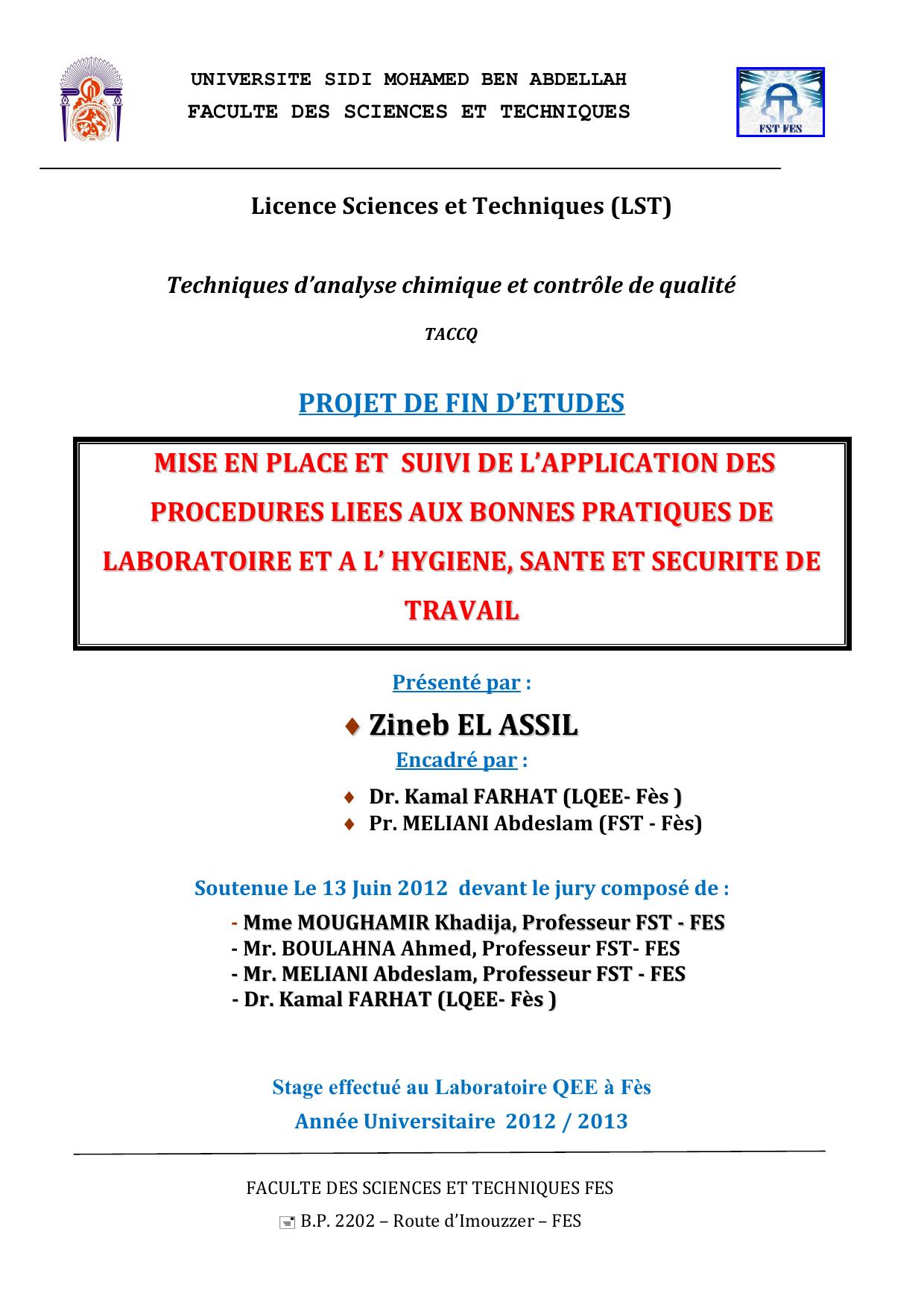 MISE EN PLACE ET SUIVI DE L’’APPLICATION DES PROCEDURES LIEES AUX BONNES PRATIQUES DE LABORATOIRE ET A L’’ HYGIENE,, SANTE ET SECURITE DE TRAVAIL