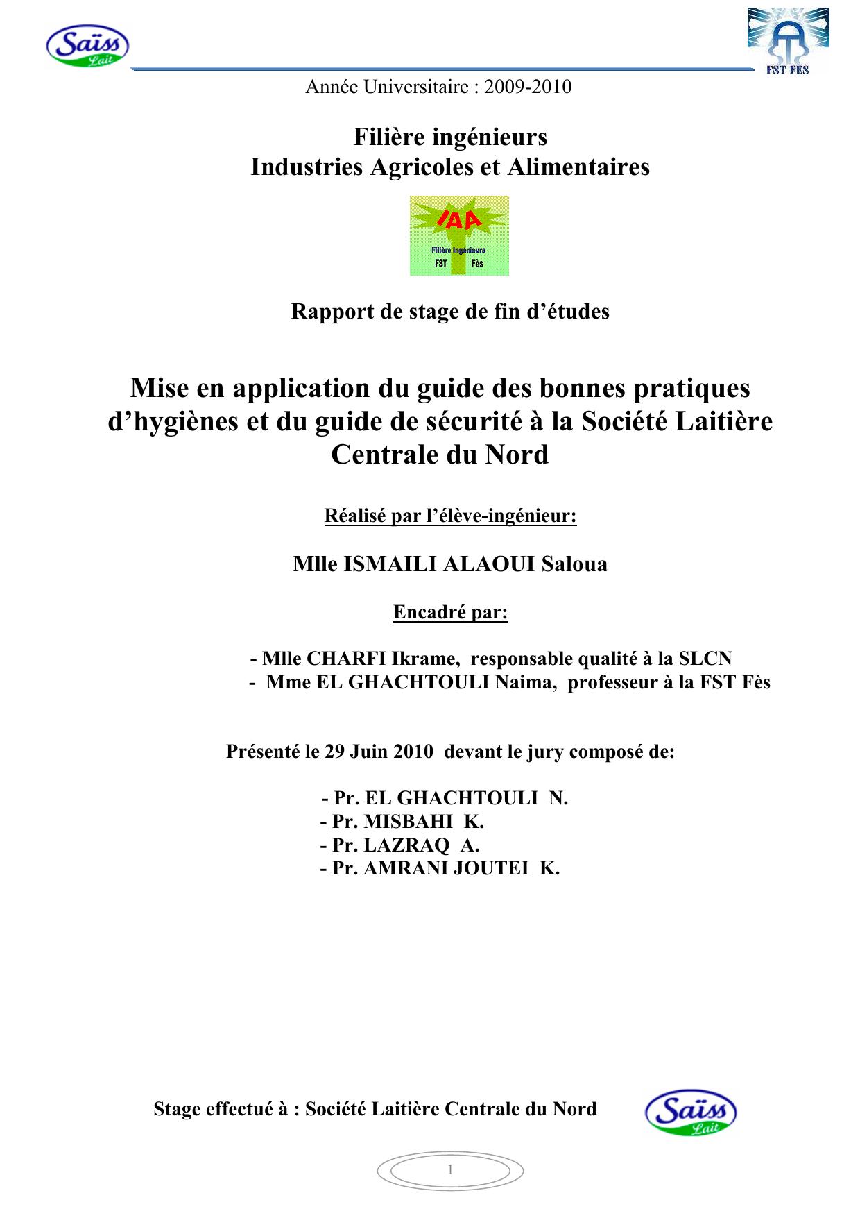 Mise en application du guide des bonnes pratiques d’hygiènes et du guide de sécurité à la Société Laitière Centrale du Nord