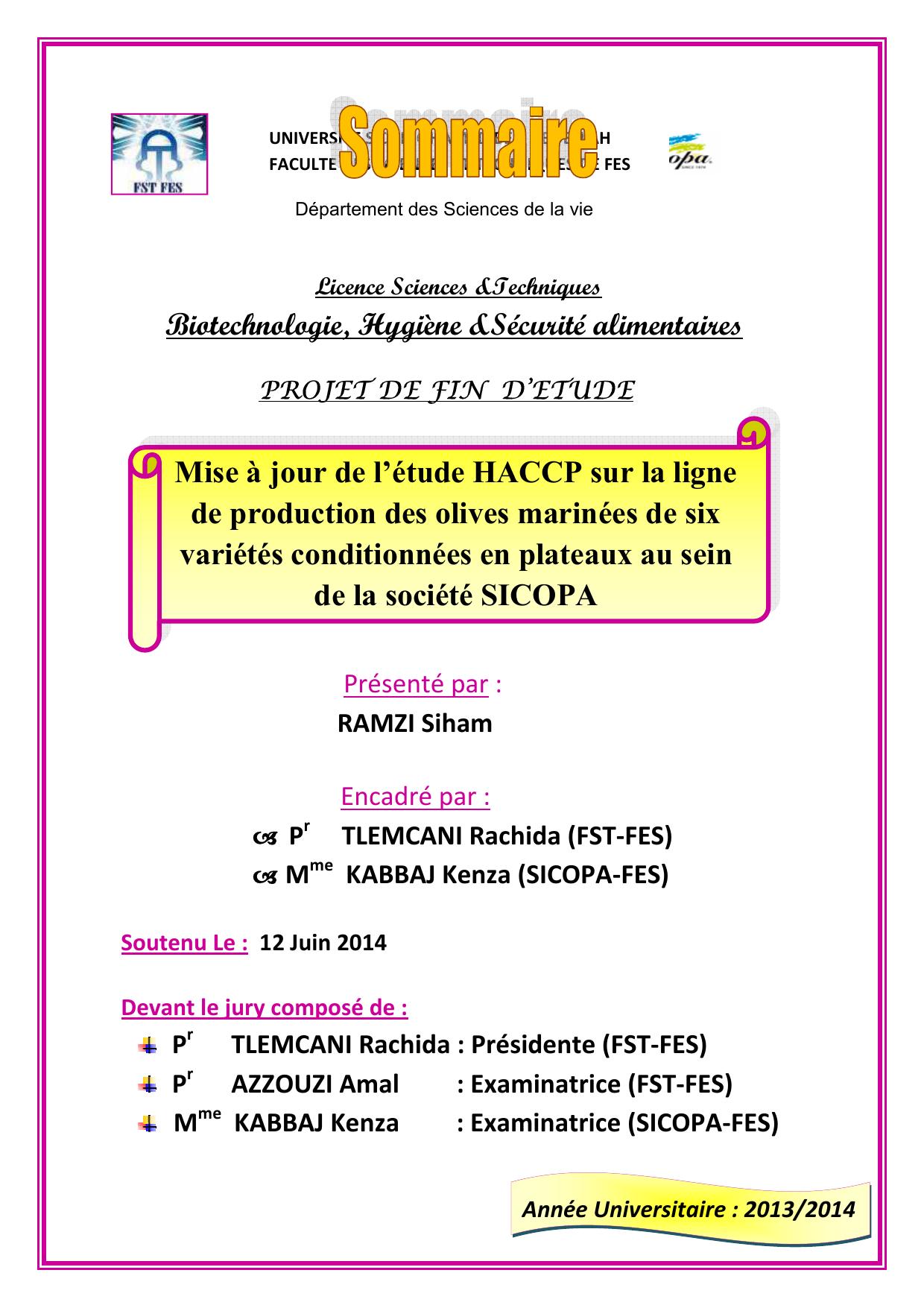 Mise à jour de l’étude HACCP sur la ligne de production des olives marinées de six variétés conditionnées en plateaux au sein de la société SICOPA